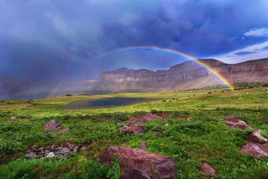 Cute Rainbow, misty mountain lake, lush green meadows, SD Desktop Wallpaper