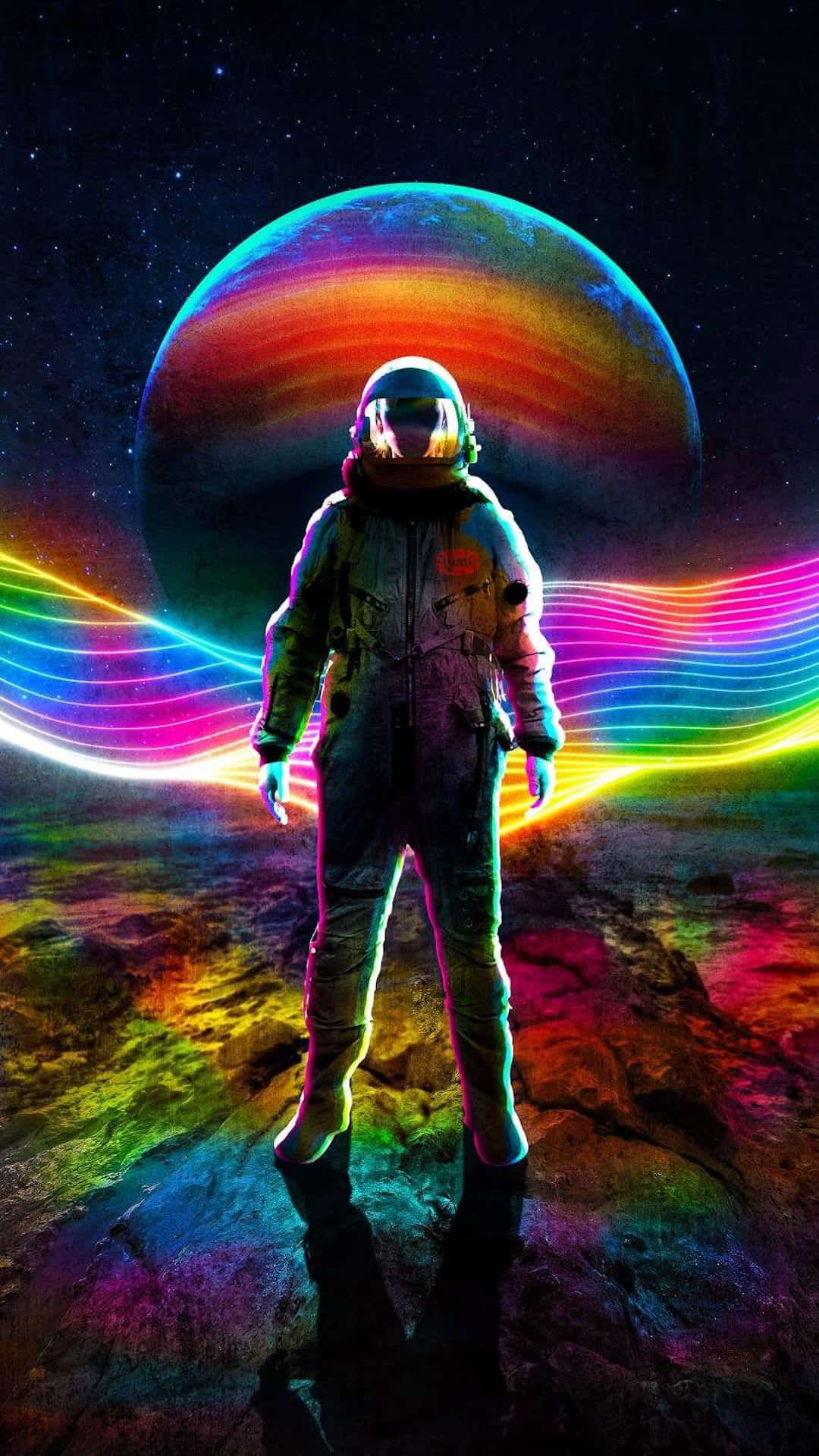 astronaut, rainbow-hued planet, neon light trails, Full HD Phone Wallpaper