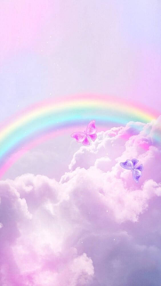 pastel rainbow, fluffy clouds, glowing butterflies, SD Phone Wallpaper