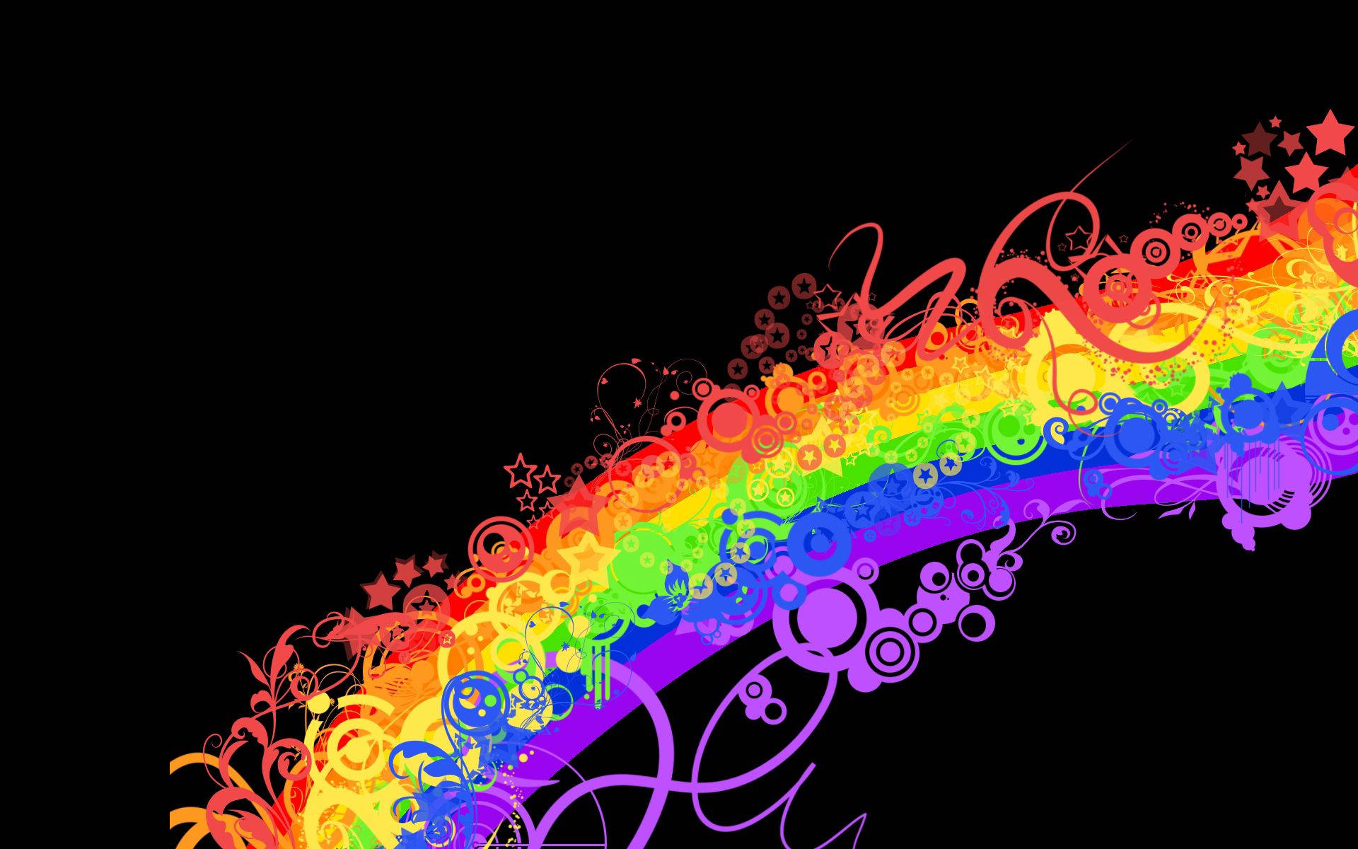 rainbow, black background, swirling floral patterns, Full HD Desktop Wallpaper
