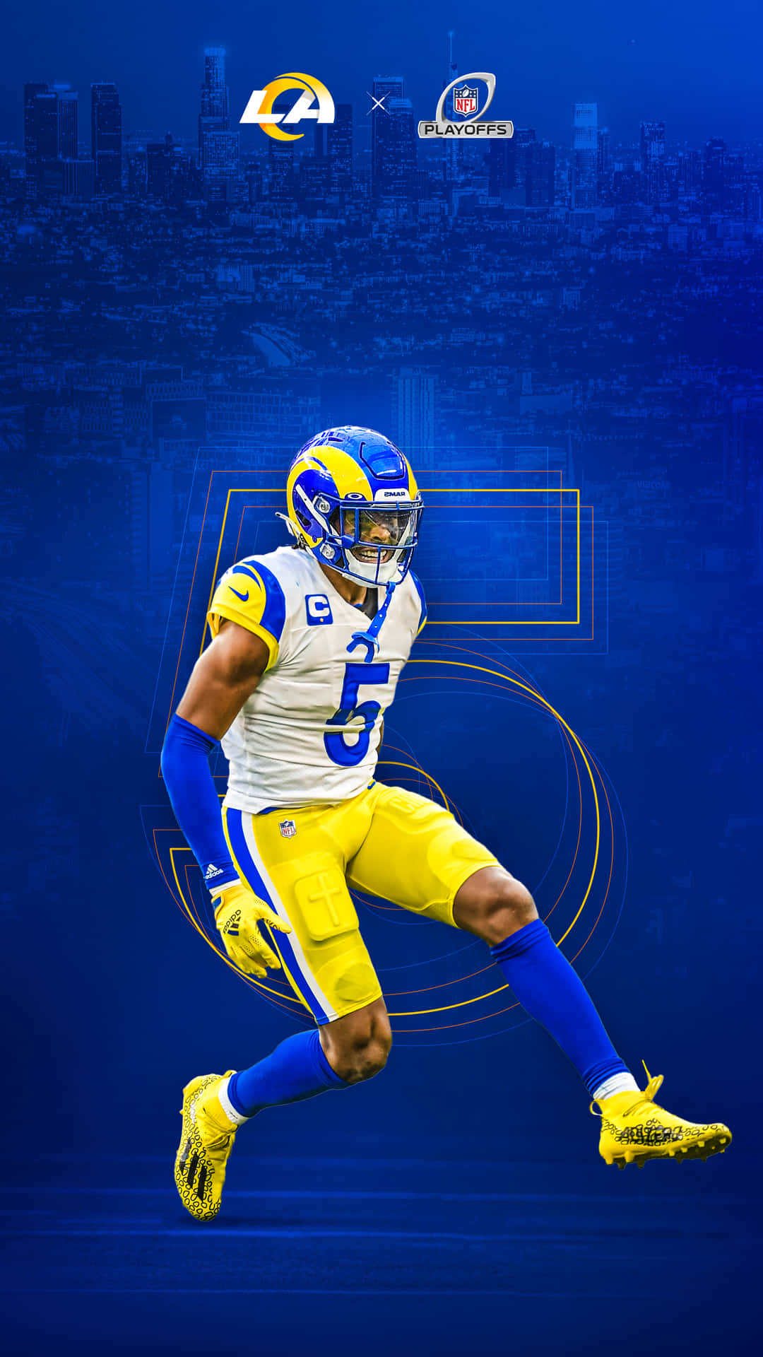 LA Rams, white and yellow uniform, deep blue cityscape, Full HD Phone Wallpaper