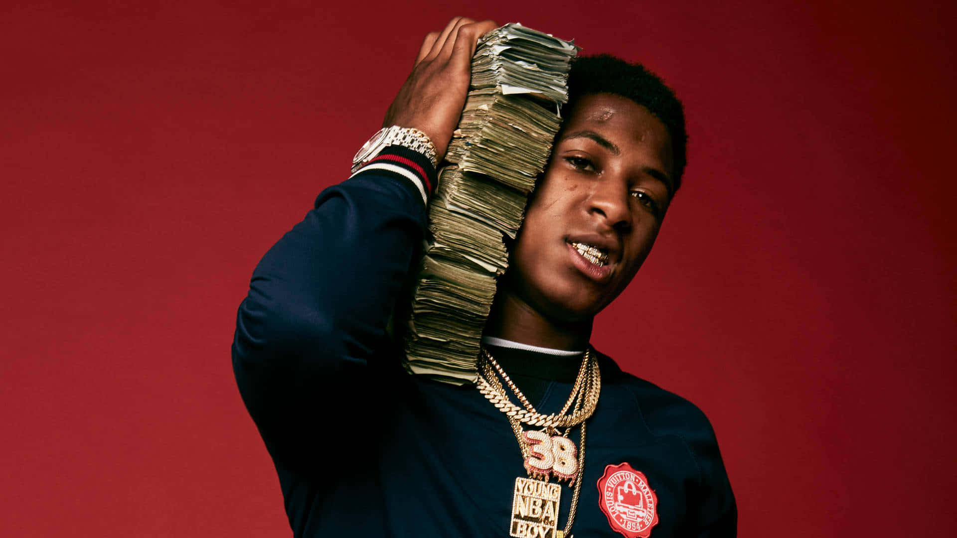 navy jacket, massive stack of cash, red backdrop, Full HD Desktop Wallpaper