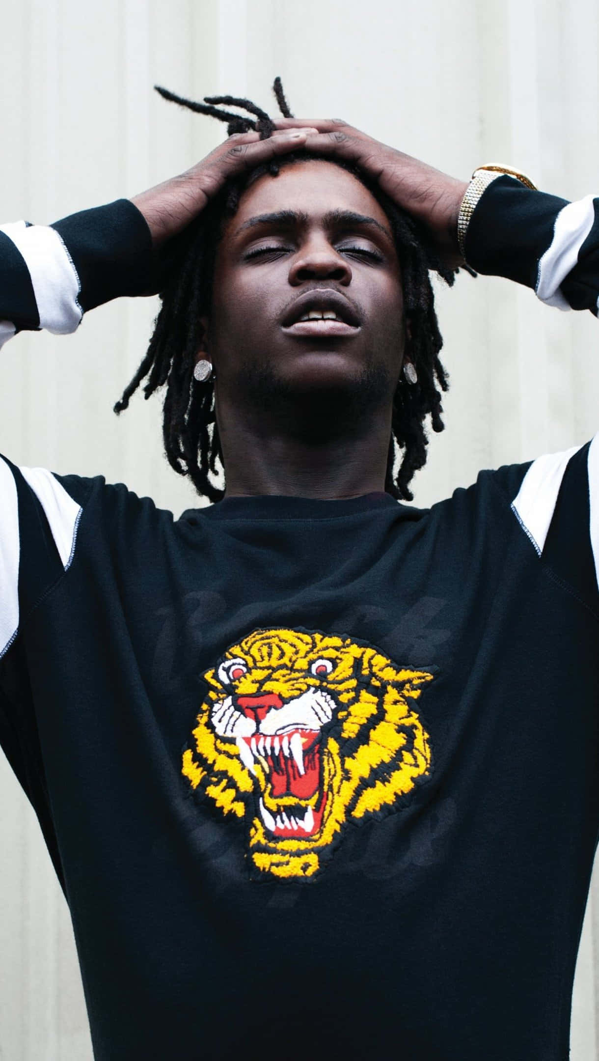 dreadlocks, black shirt, bold yellow tiger graphic, Full HD Phone Wallpaper