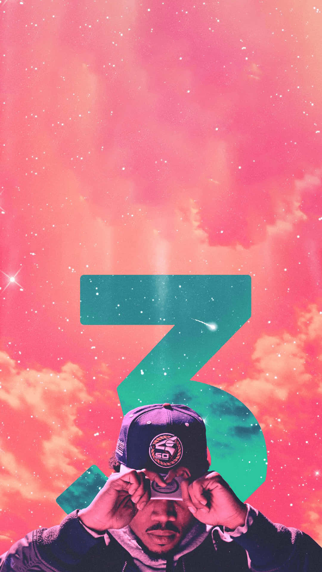 teal number three, vibrant pink starry sky, man in a cap, Full HD Phone Wallpaper