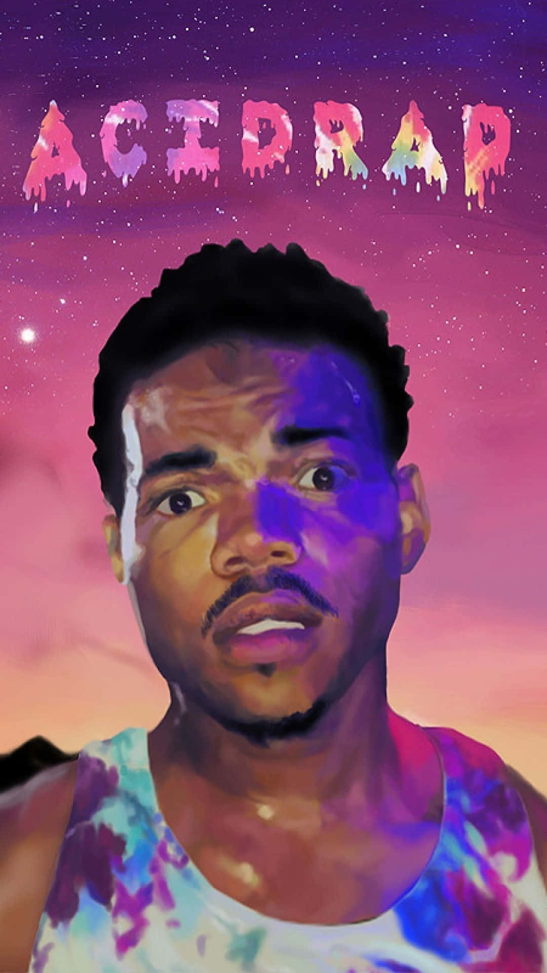cosmic sky, acid-drenched text, surprised expression, Full HD Phone Wallpaper