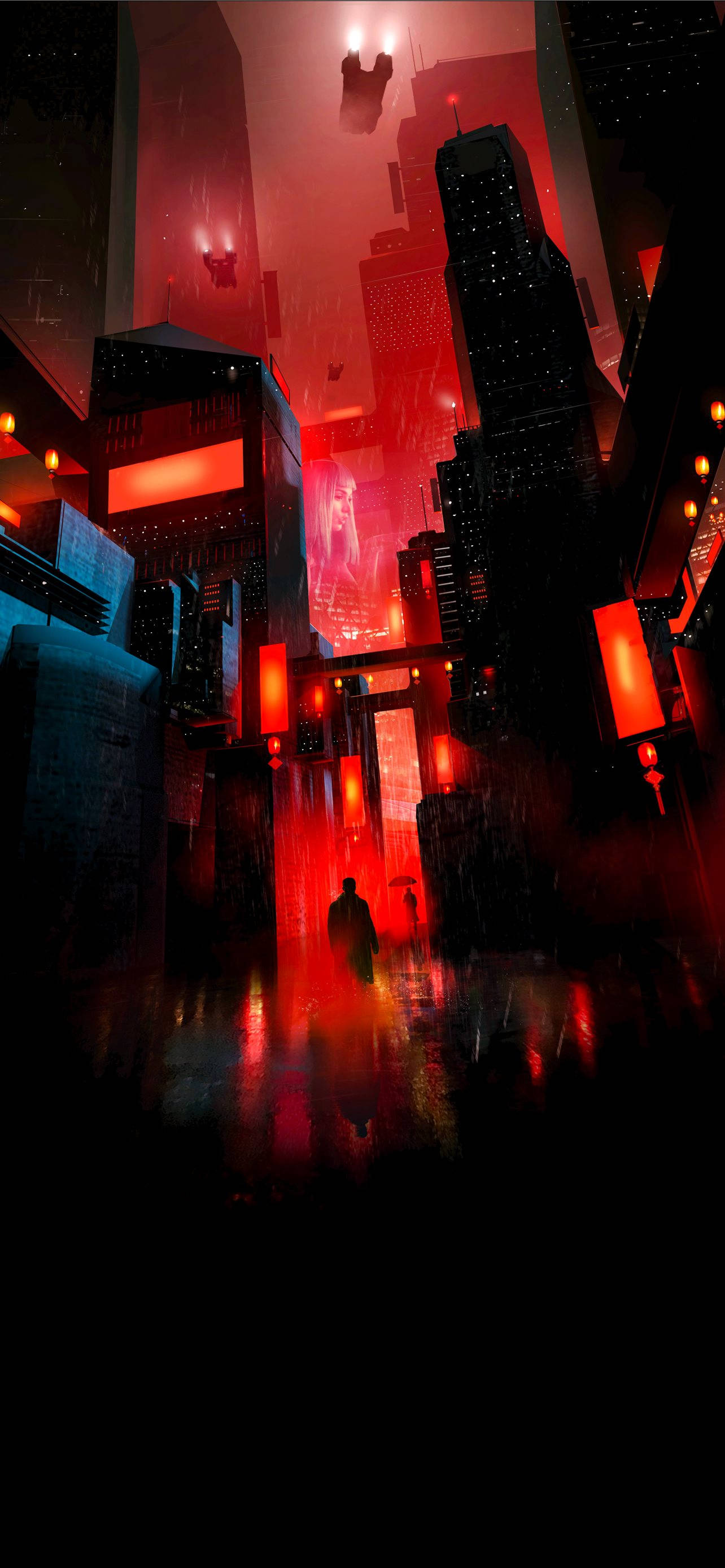 neon-lit cyberpunk cityscape, rain-soaked, red and orange lights, 2K Phone Wallpaper