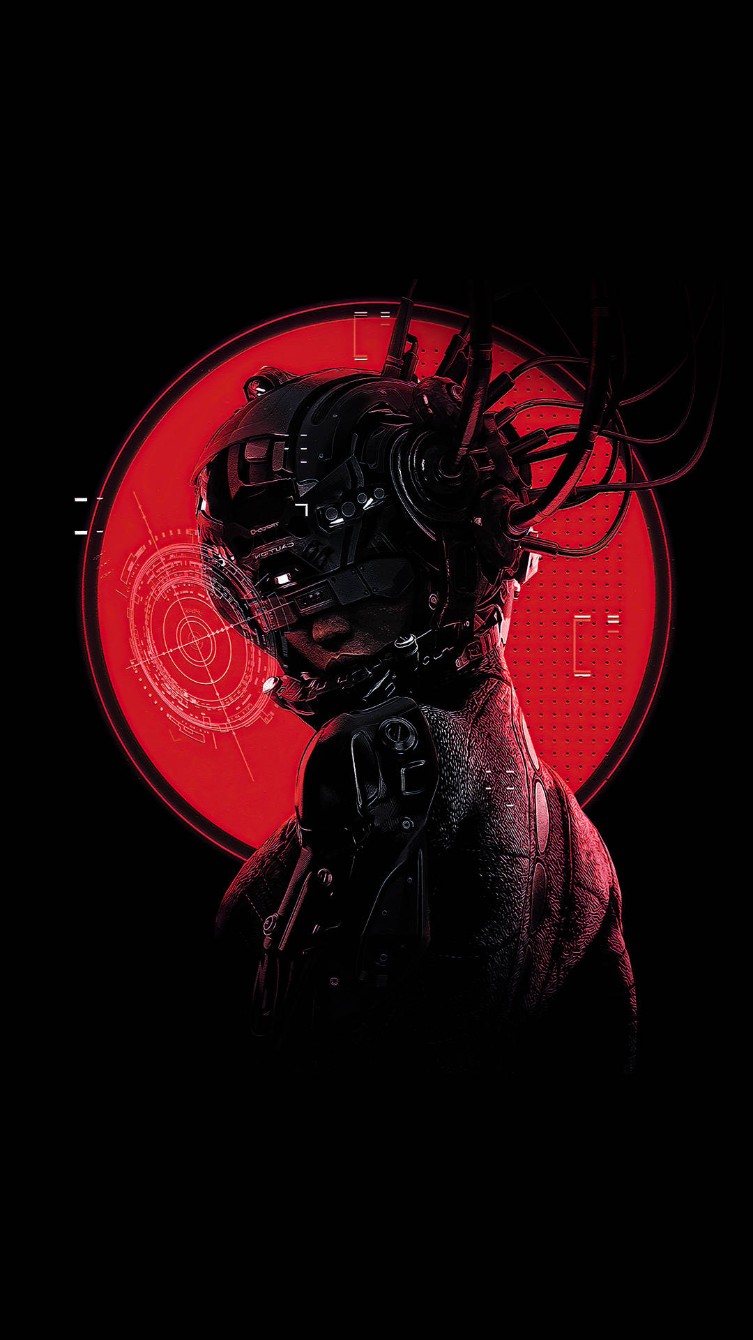 cybernetic soldier, dark armor, glowing red circular HUD interface, Full HD Phone Wallpaper