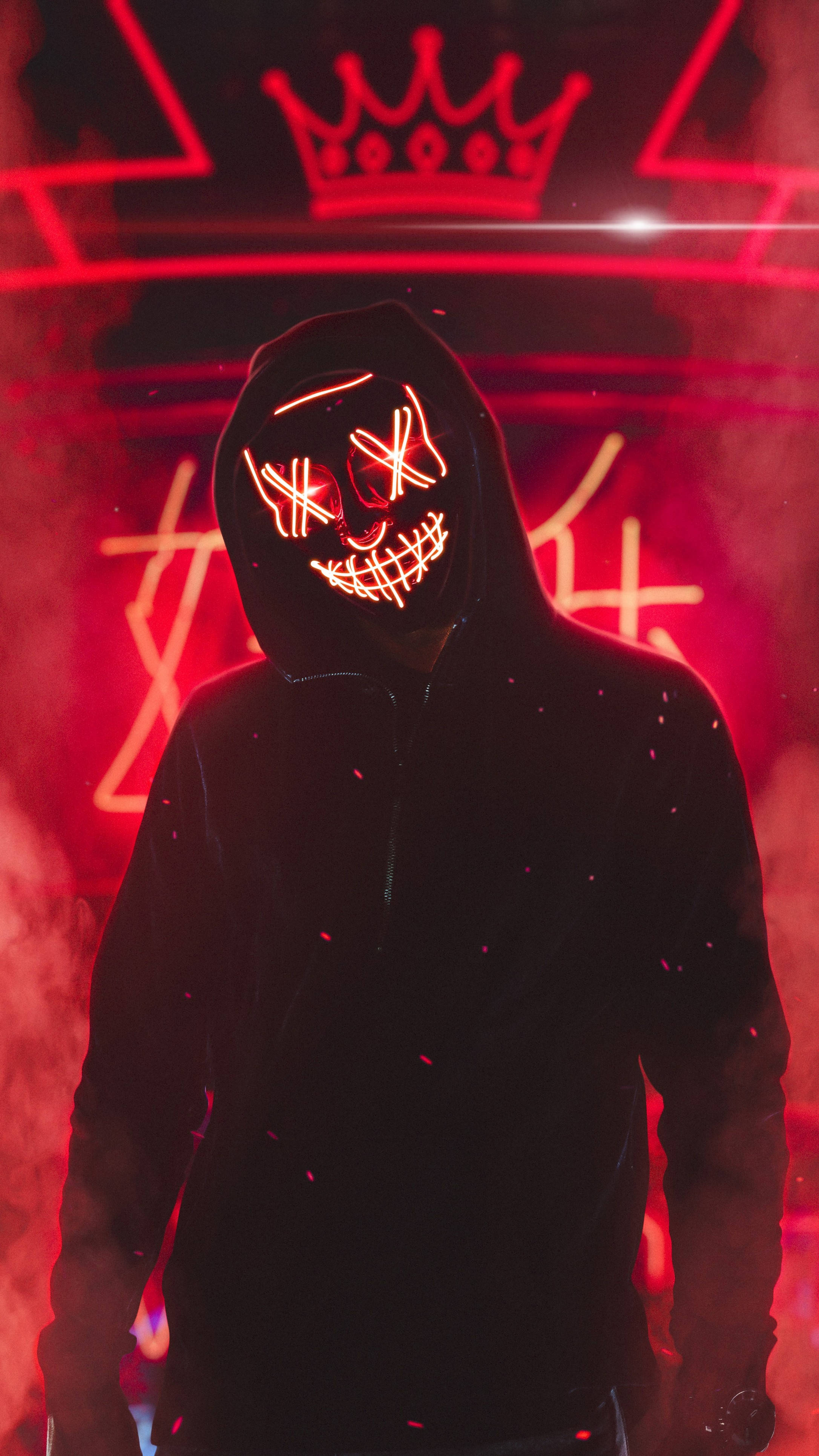 red LED skull mask, neon lights, crown symbol, 4K Phone Wallpaper