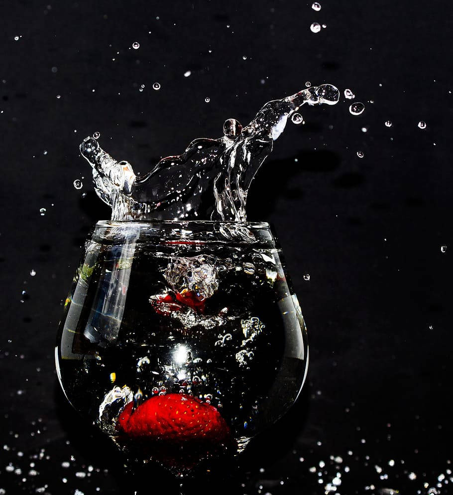 Cool Red And Black, red strawberry, glass of water, SD Phone Wallpaper