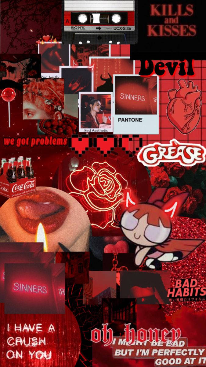 cute dark red aesthetic, cassette tapes, pop culture icons, SD Phone Wallpaper