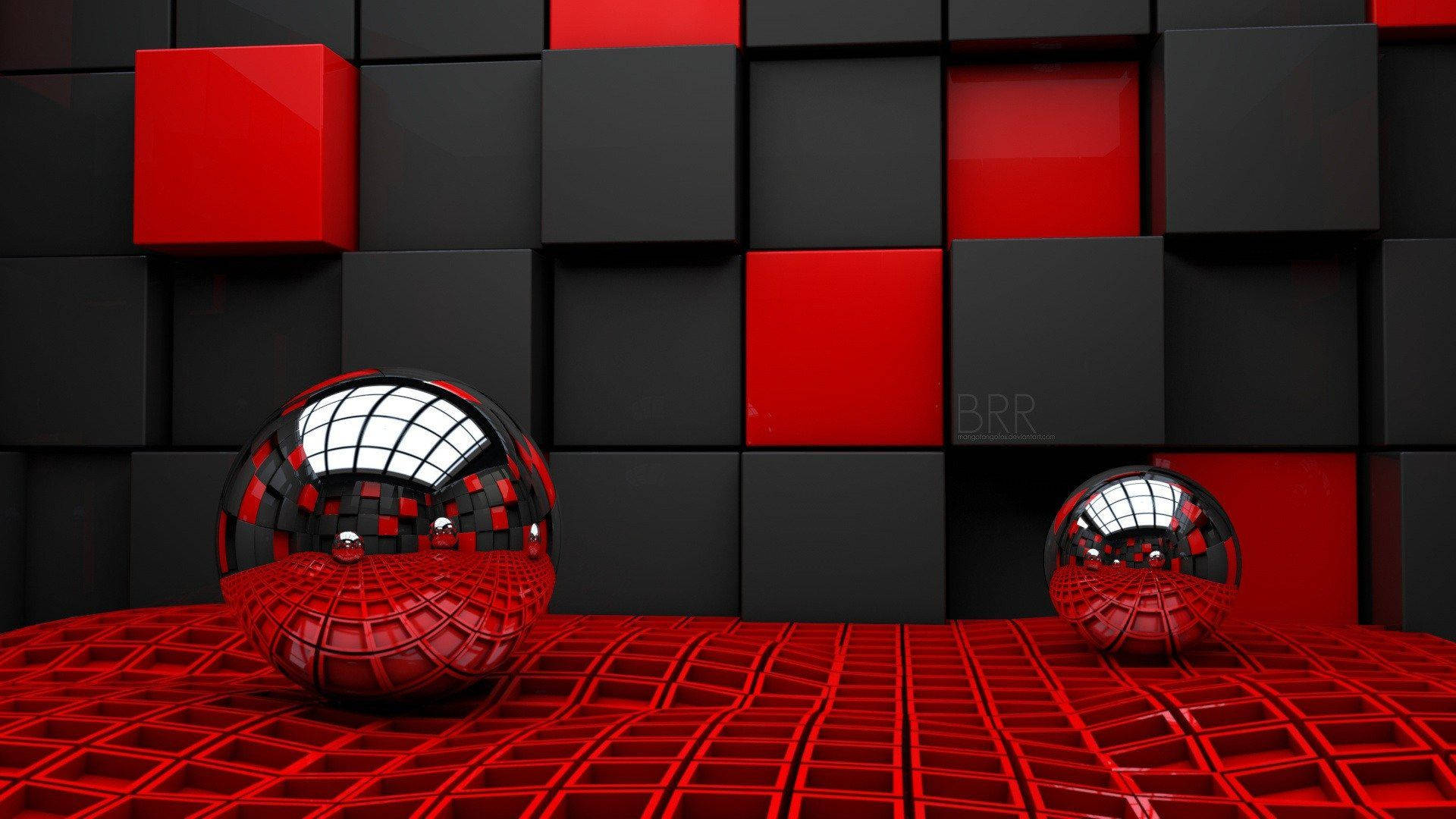Cool Red, red grid floor, black and red cube wall, Full HD Desktop Wallpaper