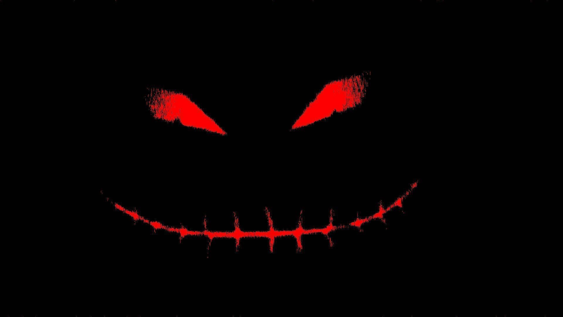 glowing cool red stitched smile, menacing red stitched grin, glowing eyes, Full HD Desktop Wallpaper
