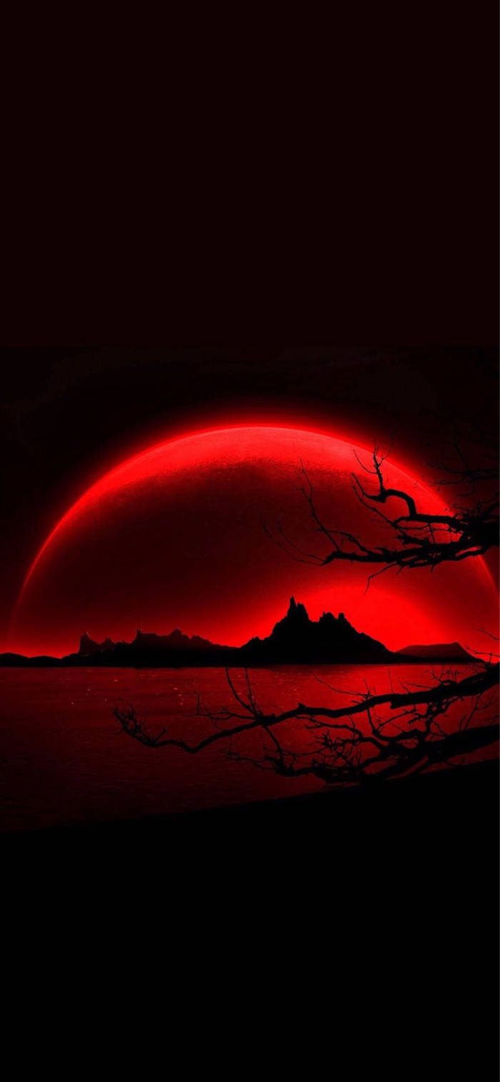 red moon, dark landscape, silhouetted mountains, HD Phone Wallpaper