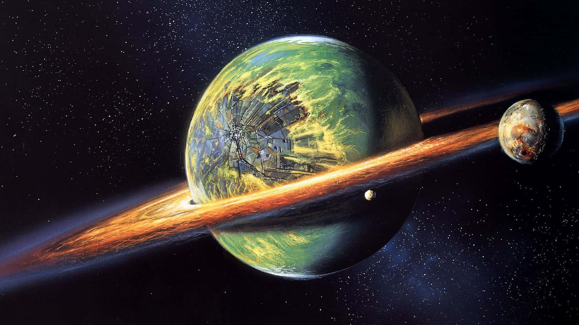 Cool Retro, green planet, massive ring system, Full HD Desktop Wallpaper
