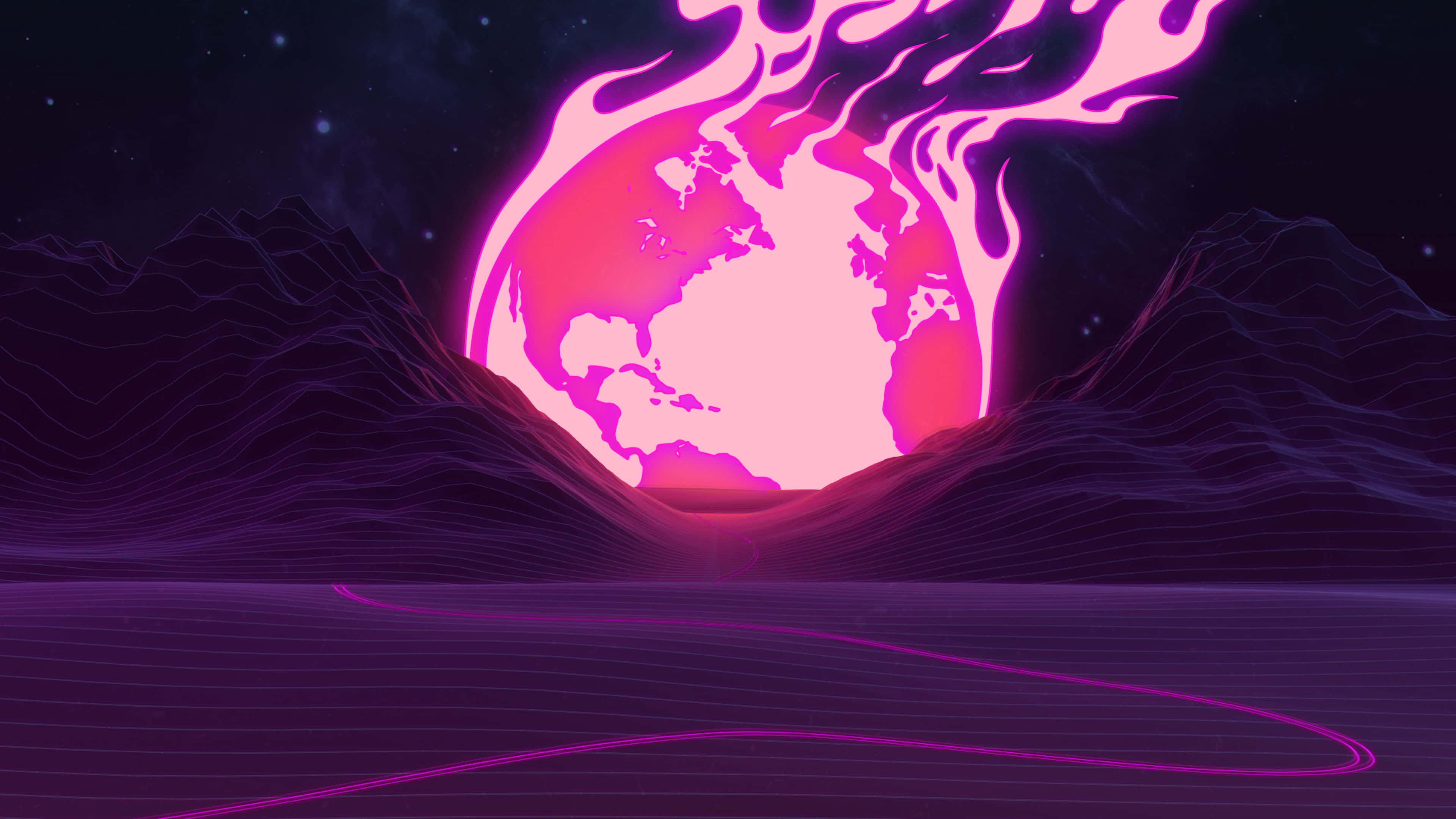 Cool Retro, glowing pink planet, fiery tendrils, 4K Desktop Wallpaper