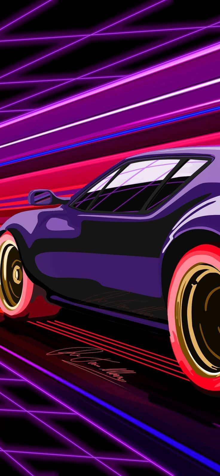 purple sports car, glowing red wheels, neon-lit cyberpunk cityscape, HD Phone Wallpaper