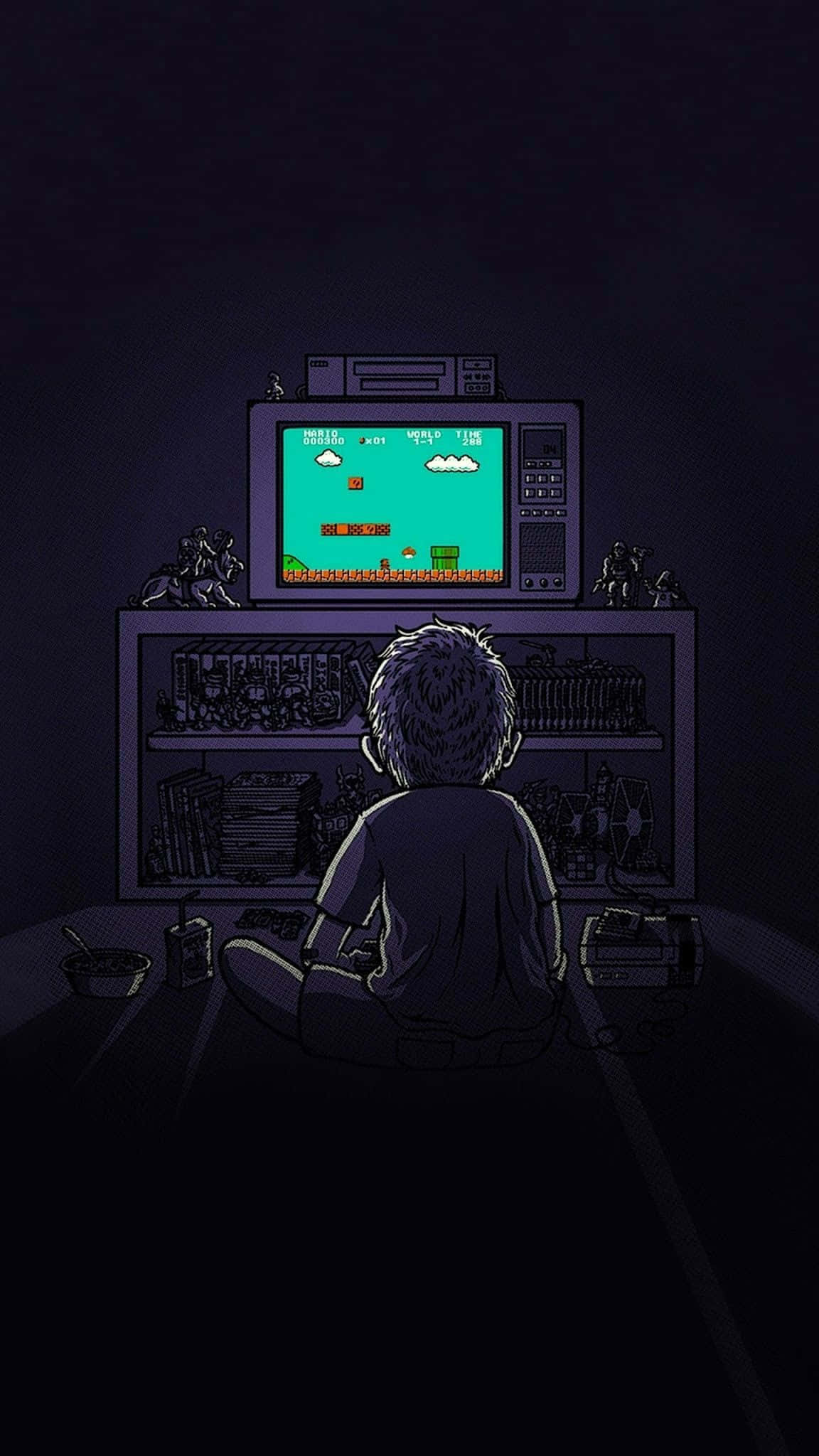 CRT television, pixelated video game, dark room, Full HD Phone Wallpaper
