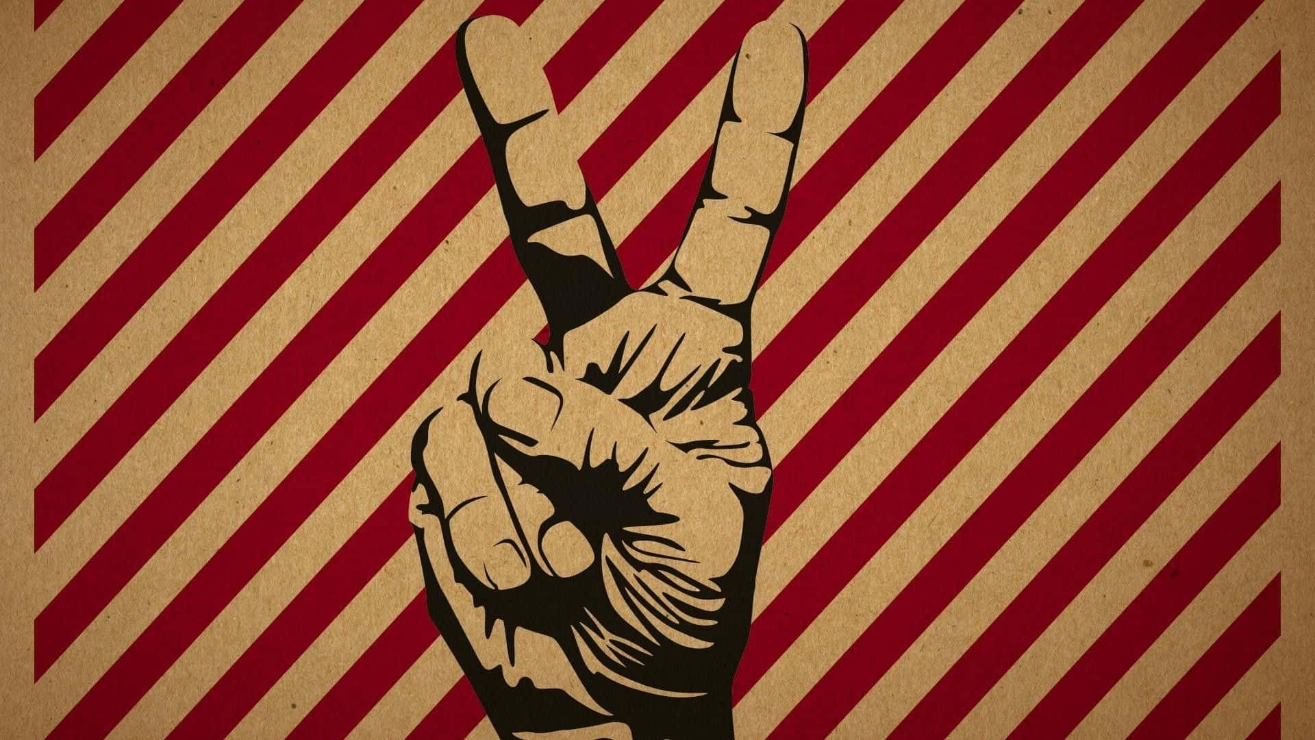 peace sign, black hand, red and beige diagonal striped background, Full HD Desktop Wallpaper