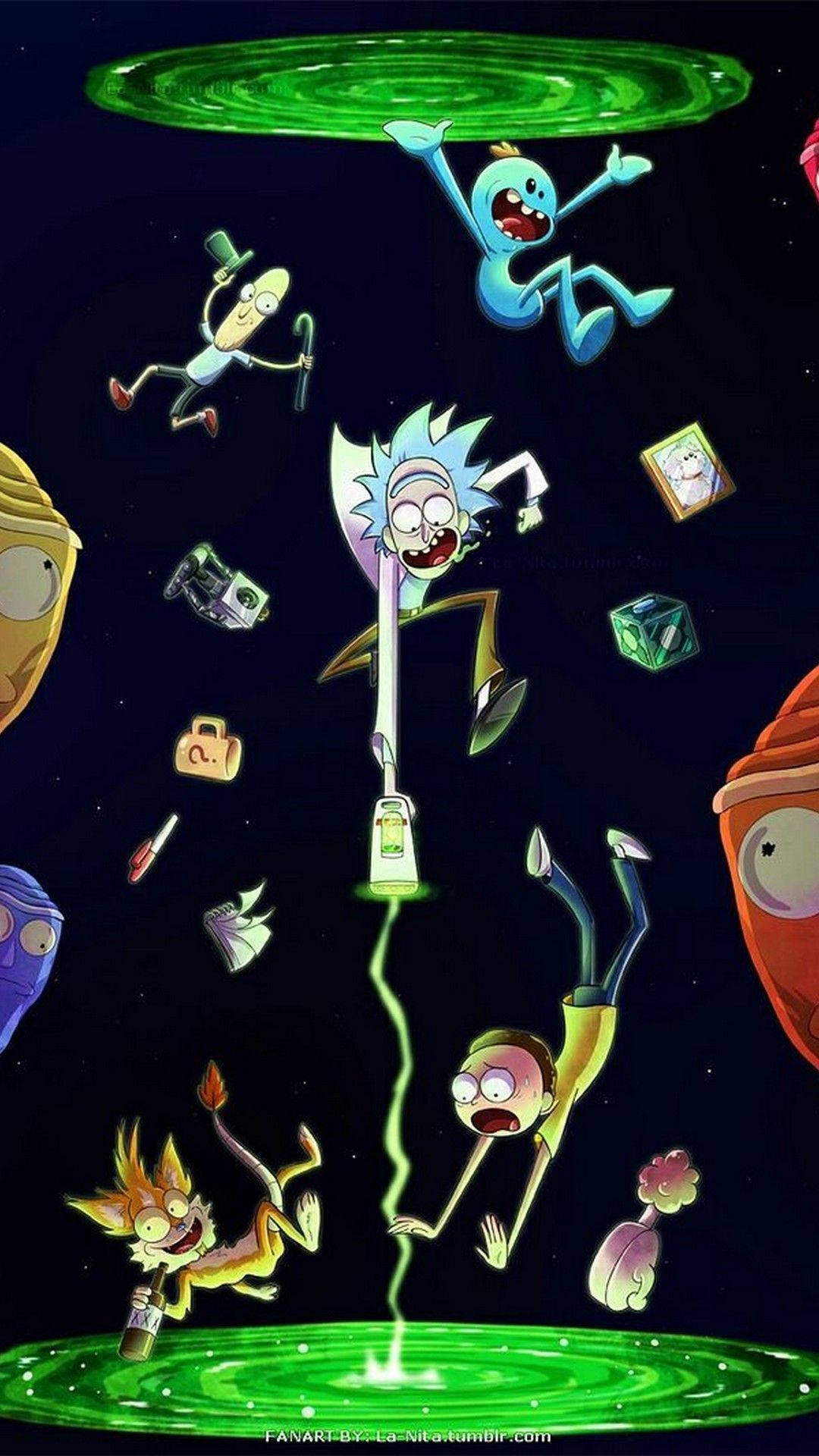 Rick and Morty, green portal, zero gravity, Full HD Phone Wallpaper