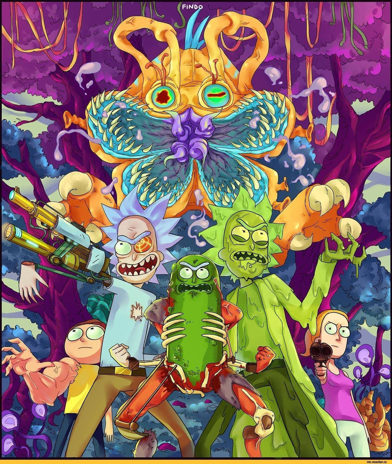 Rick and Morty, giant alien butterfly, surreal purple jungle, HD Phone Wallpaper