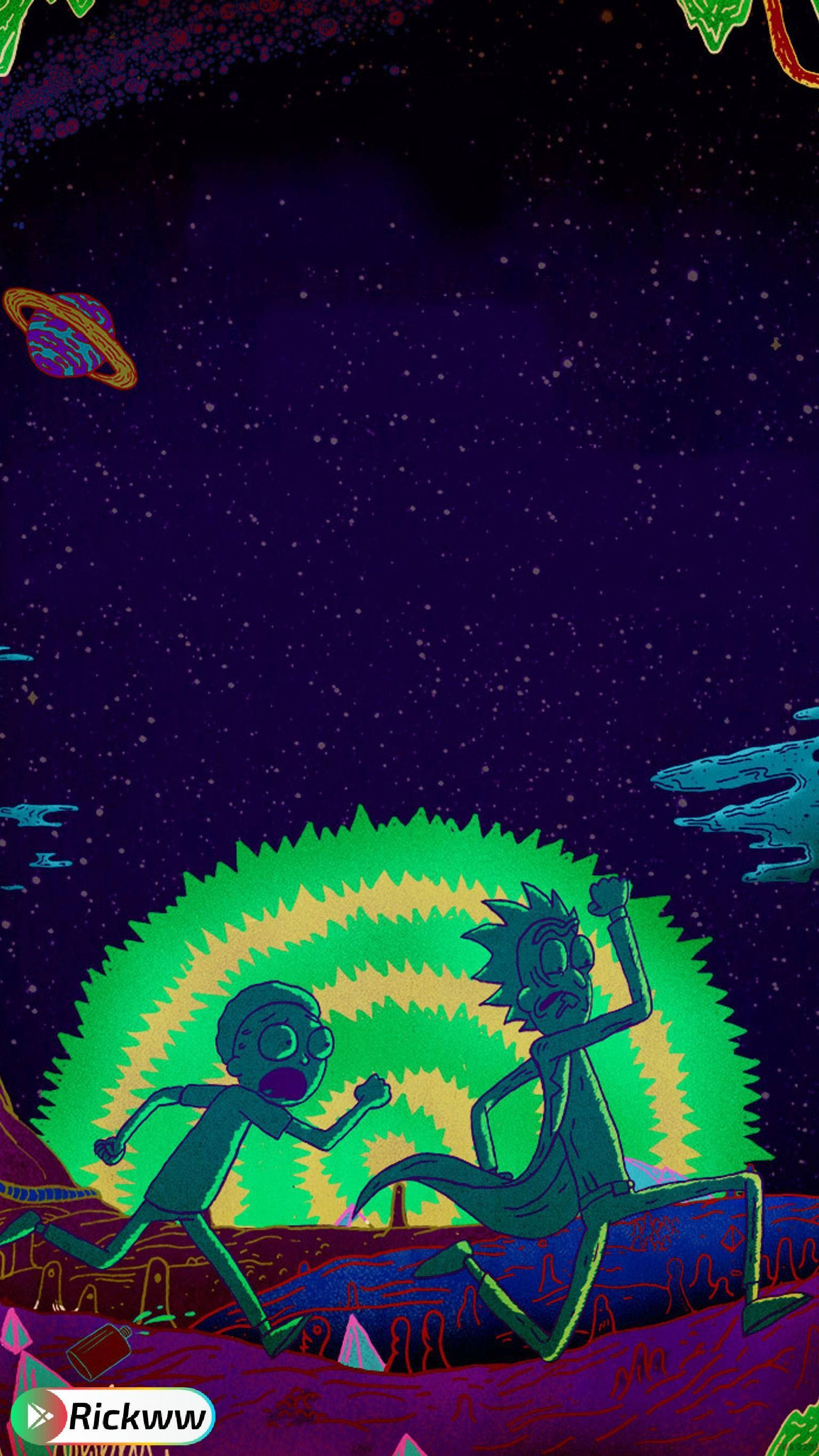 Rick And Morty, surreal alien planet, starry purple sky, 2K Phone Wallpaper