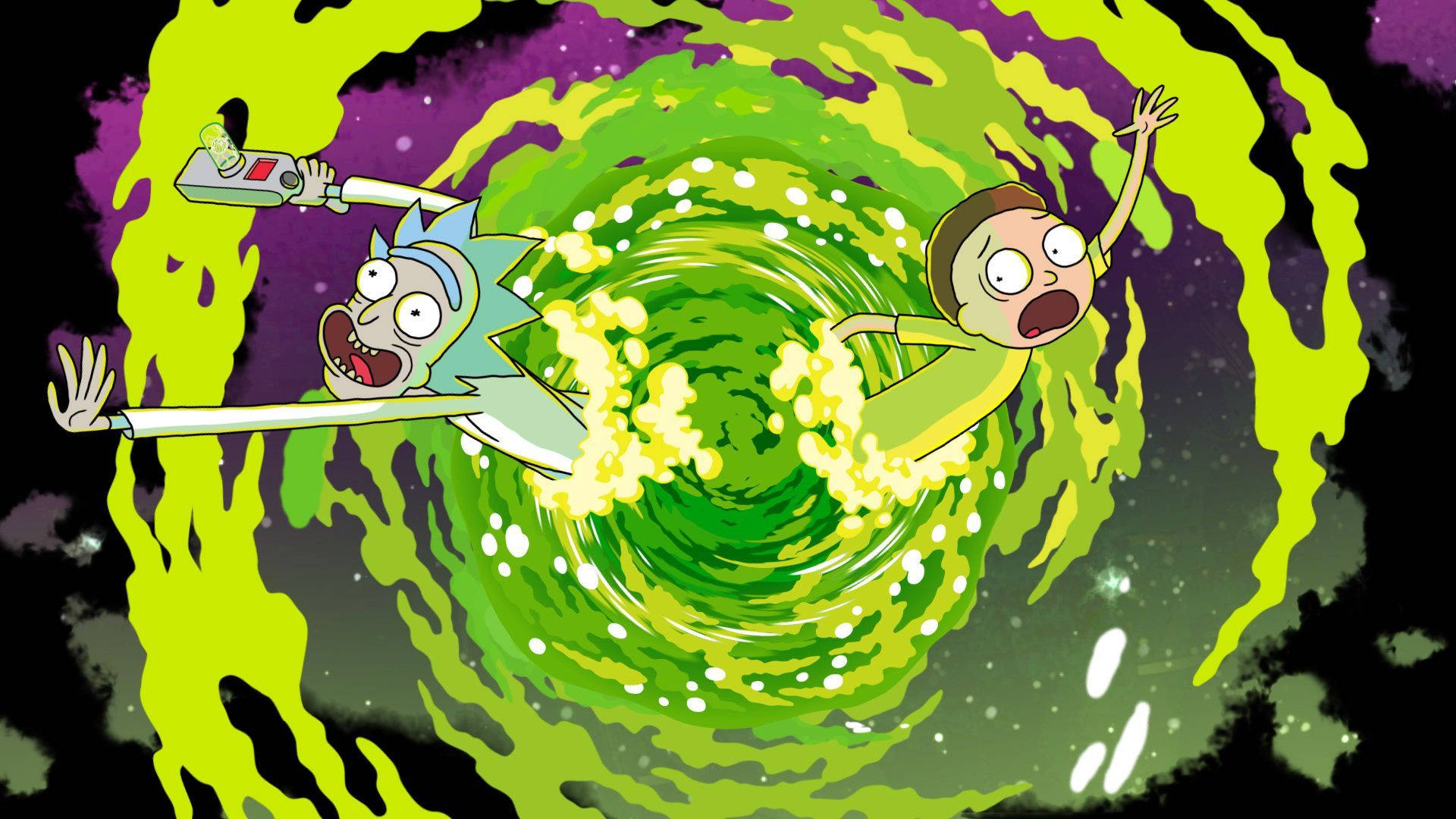 Rick and Morty, swirling green portal, starry purple background, Full HD Desktop Wallpaper