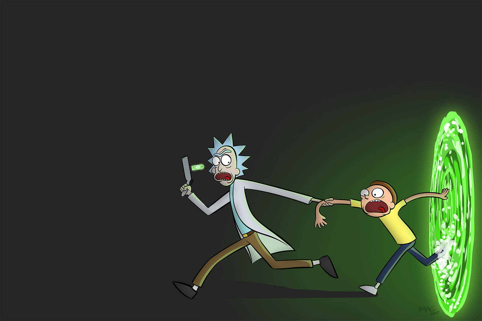 Rick and Morty, glowing green portal, dark background, HD Desktop Wallpaper