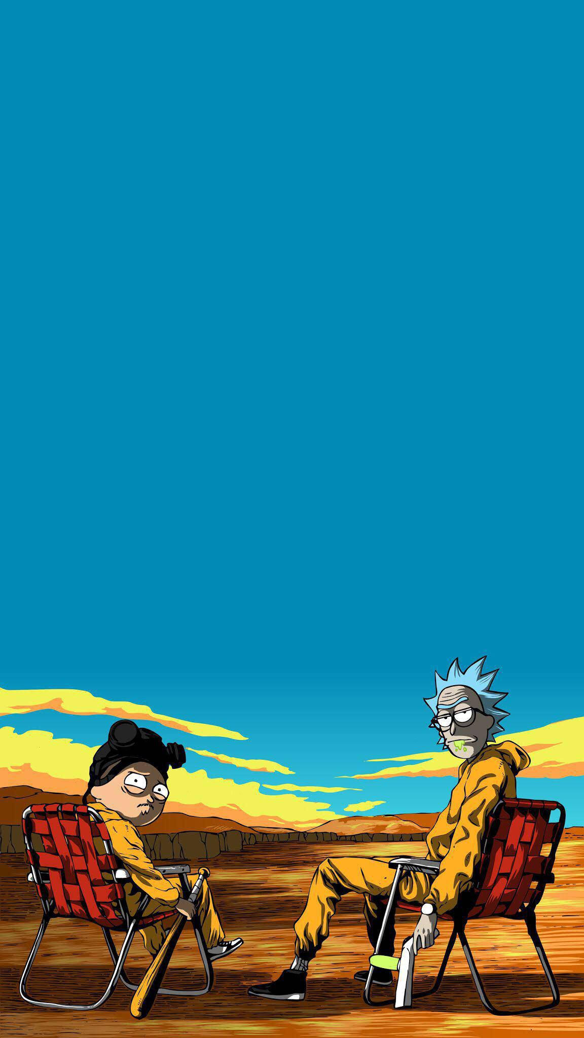 Rick and Morty, desert, red folding chairs, Full HD Phone Wallpaper
