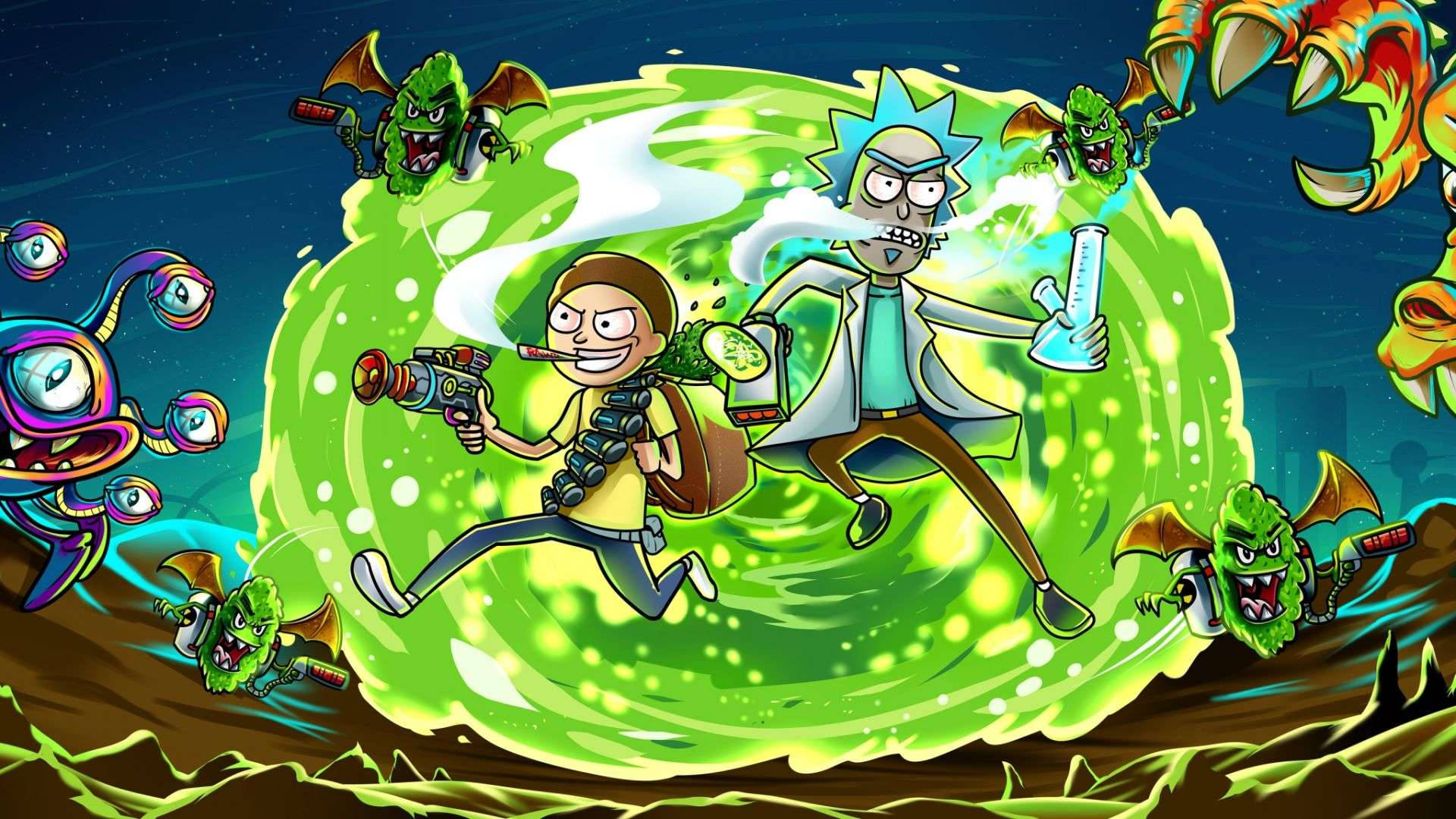 Rick and Morty, green portal, alien creatures, Full HD Desktop Wallpaper