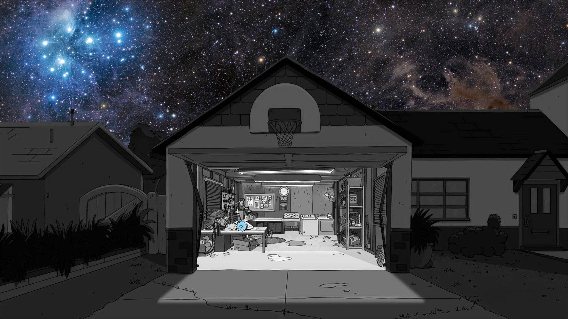 Rick and Morty, messy garage, suburban garage, Full HD Desktop Wallpaper