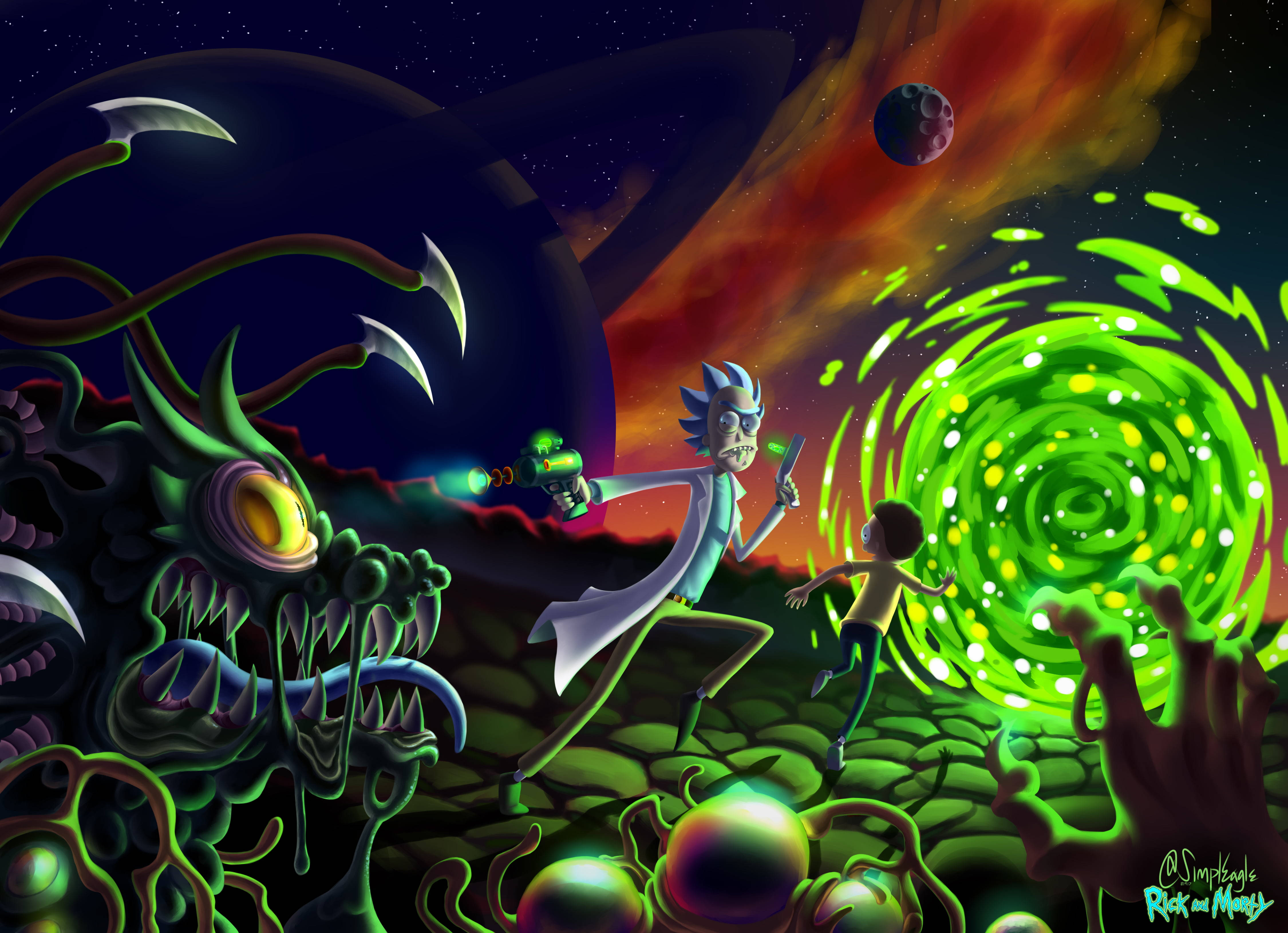 Rick and Morty, green portal, cosmic nightmare, 4K Desktop Wallpaper