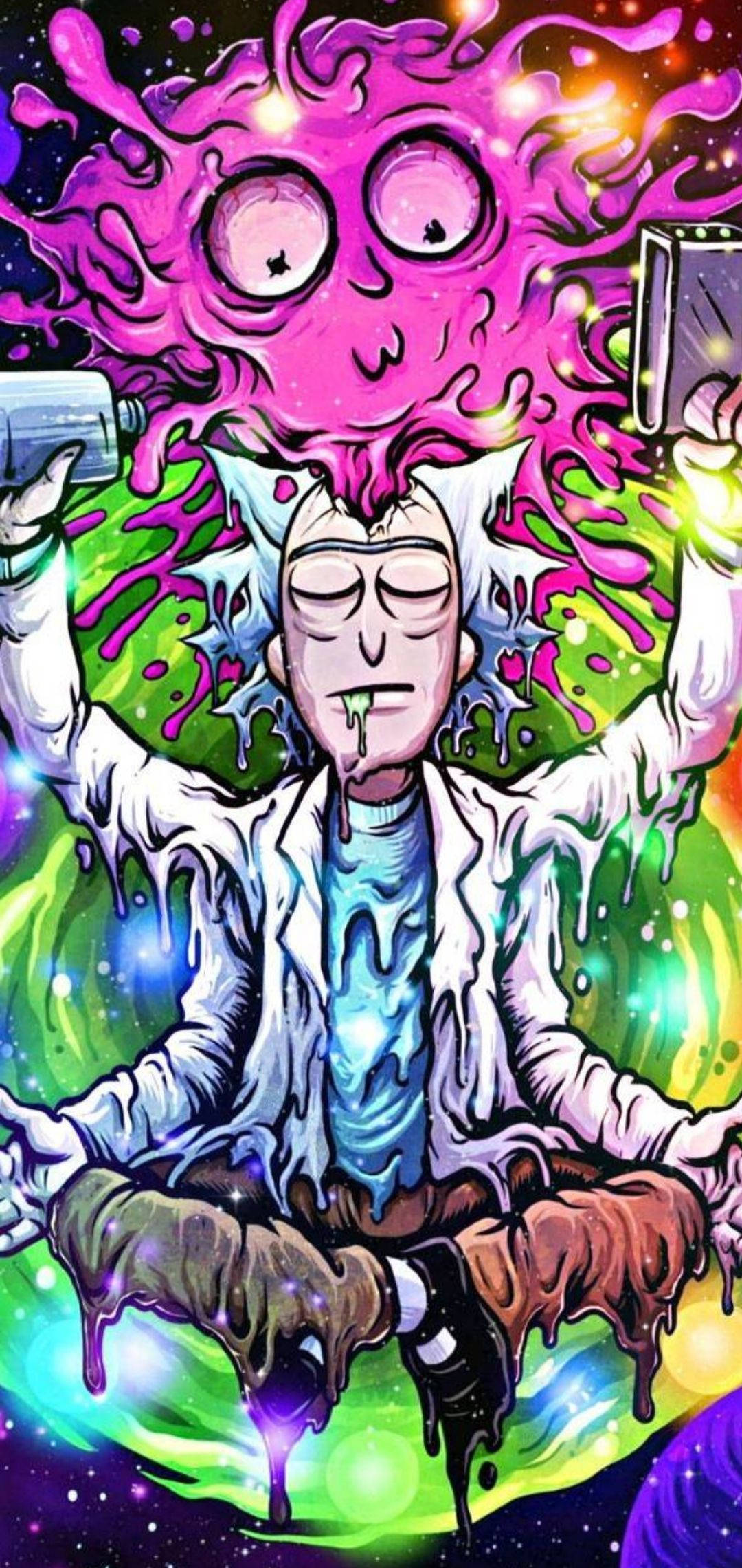 Rick And Morty, pink cosmic entity, vibrant galaxy background, Full HD Phone Wallpaper