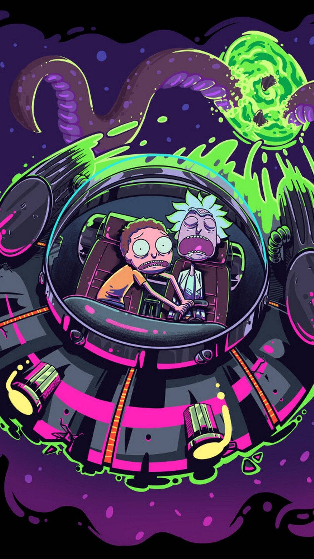 Rick and Morty, spaceship, giant green alien head, Full HD Phone Wallpaper