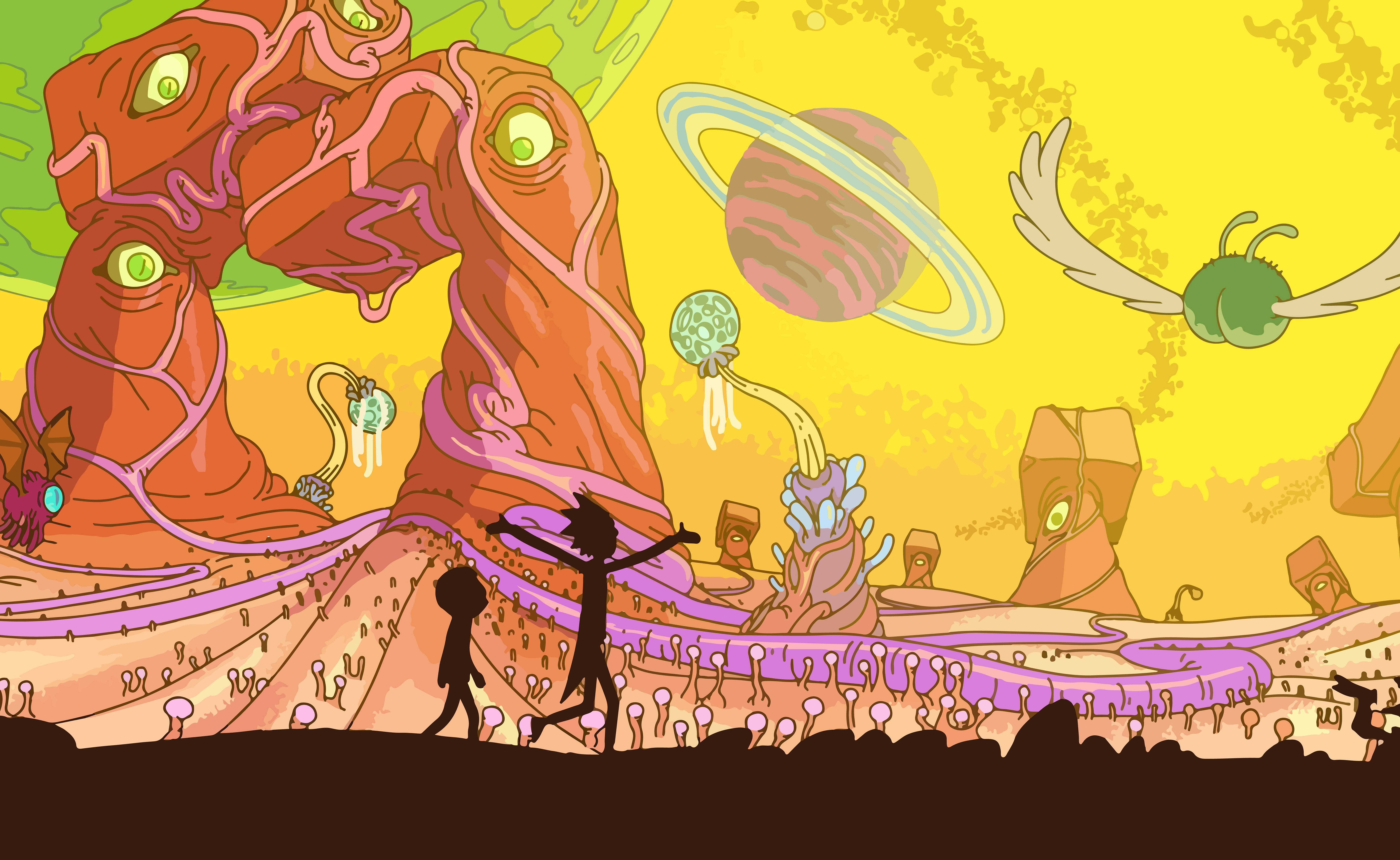 Rick And Morty, alien landscape, glowing eyes, 5K Desktop Wallpaper