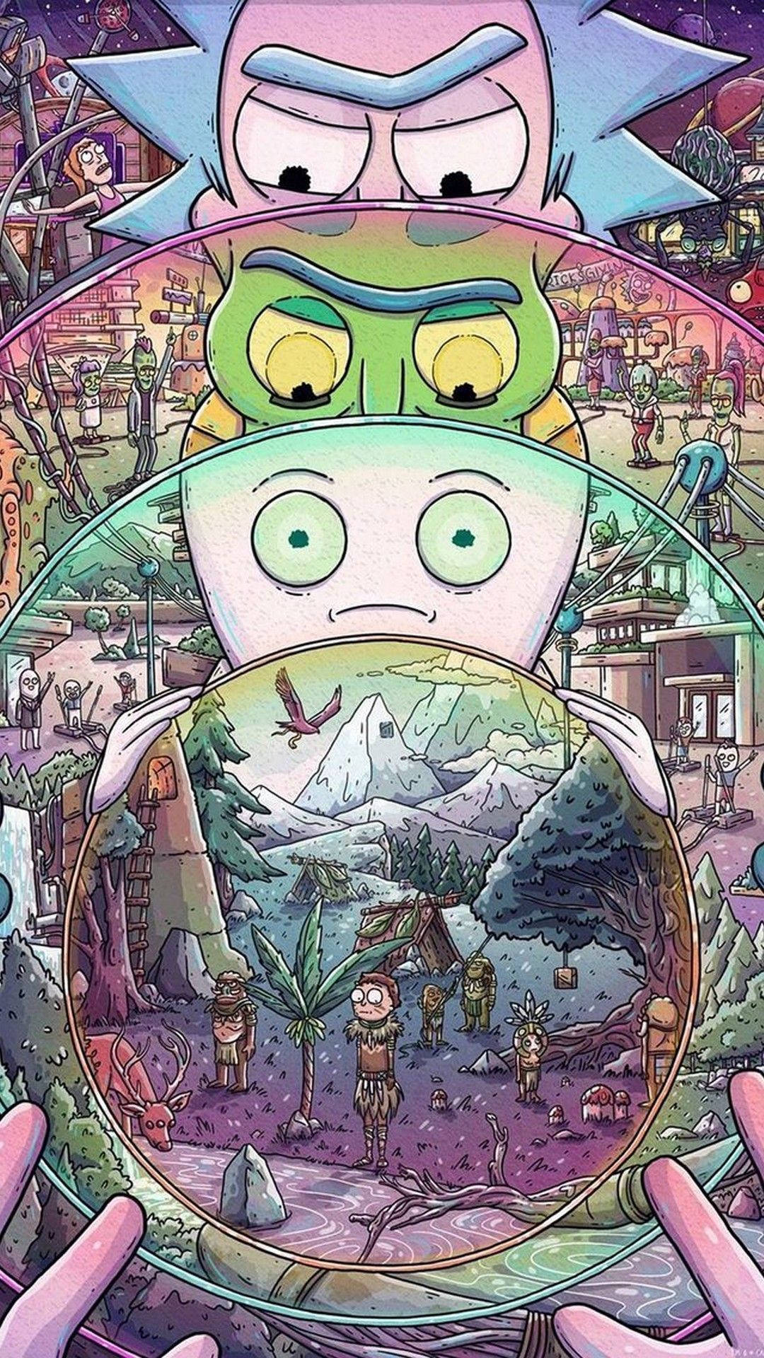 Rick and Morty, nested spheres, surreal alien landscape, Full HD Phone Wallpaper