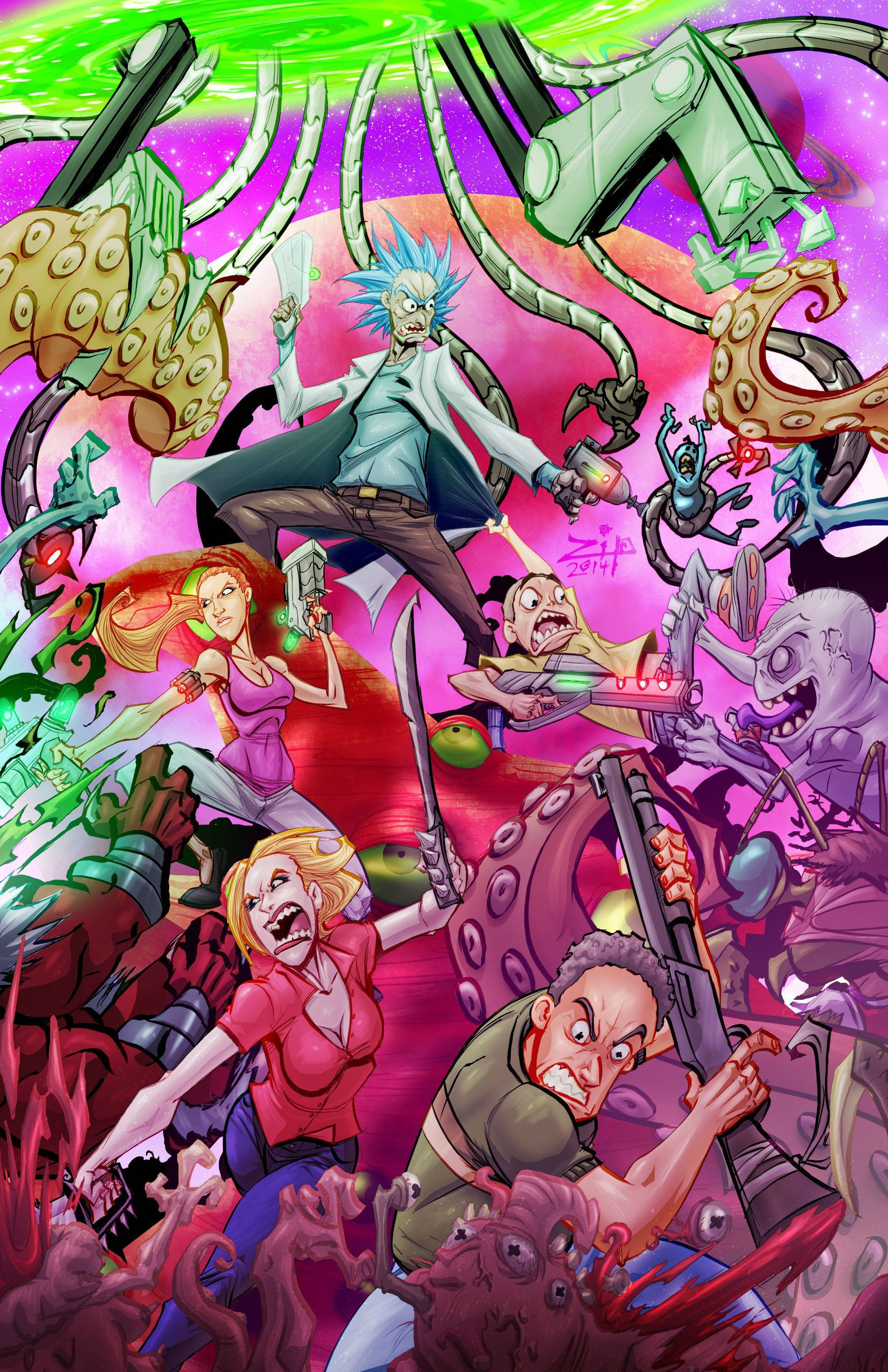 Rick and Morty, anime style, neon-drenched, 2K Phone Wallpaper