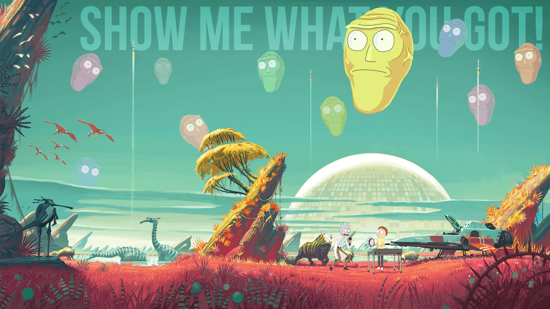 Rick and Morty, surreal alien planet, floating heads, Full HD Desktop Wallpaper