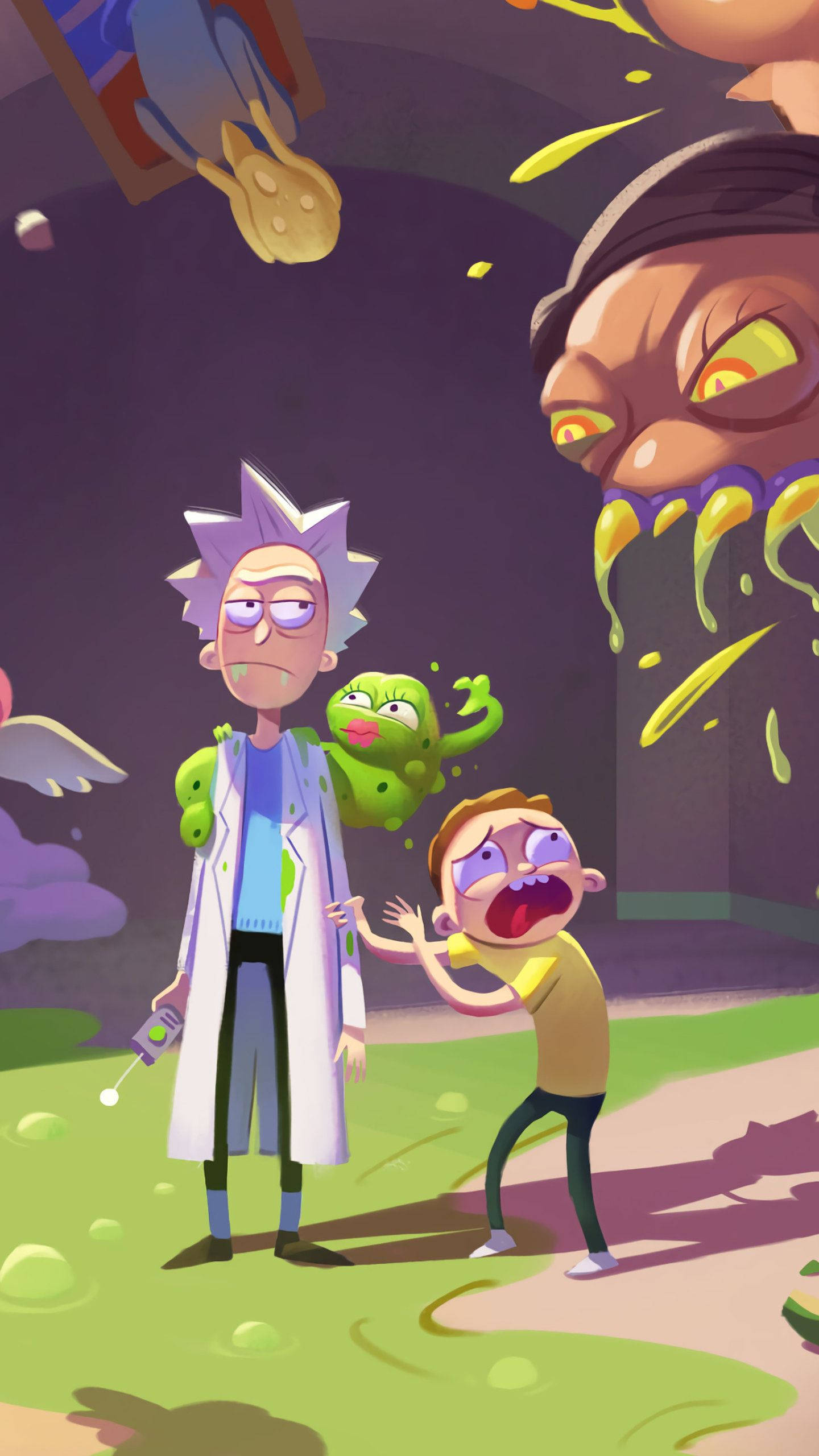 Rick and Morty, giant alien creature, glowing eyes, 2K Phone Wallpaper