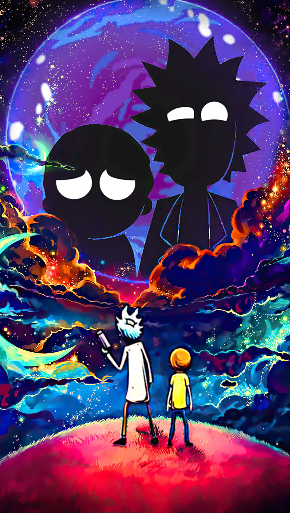 Rick and Morty, glowing planet, cosmic sky, Full HD Phone Wallpaper