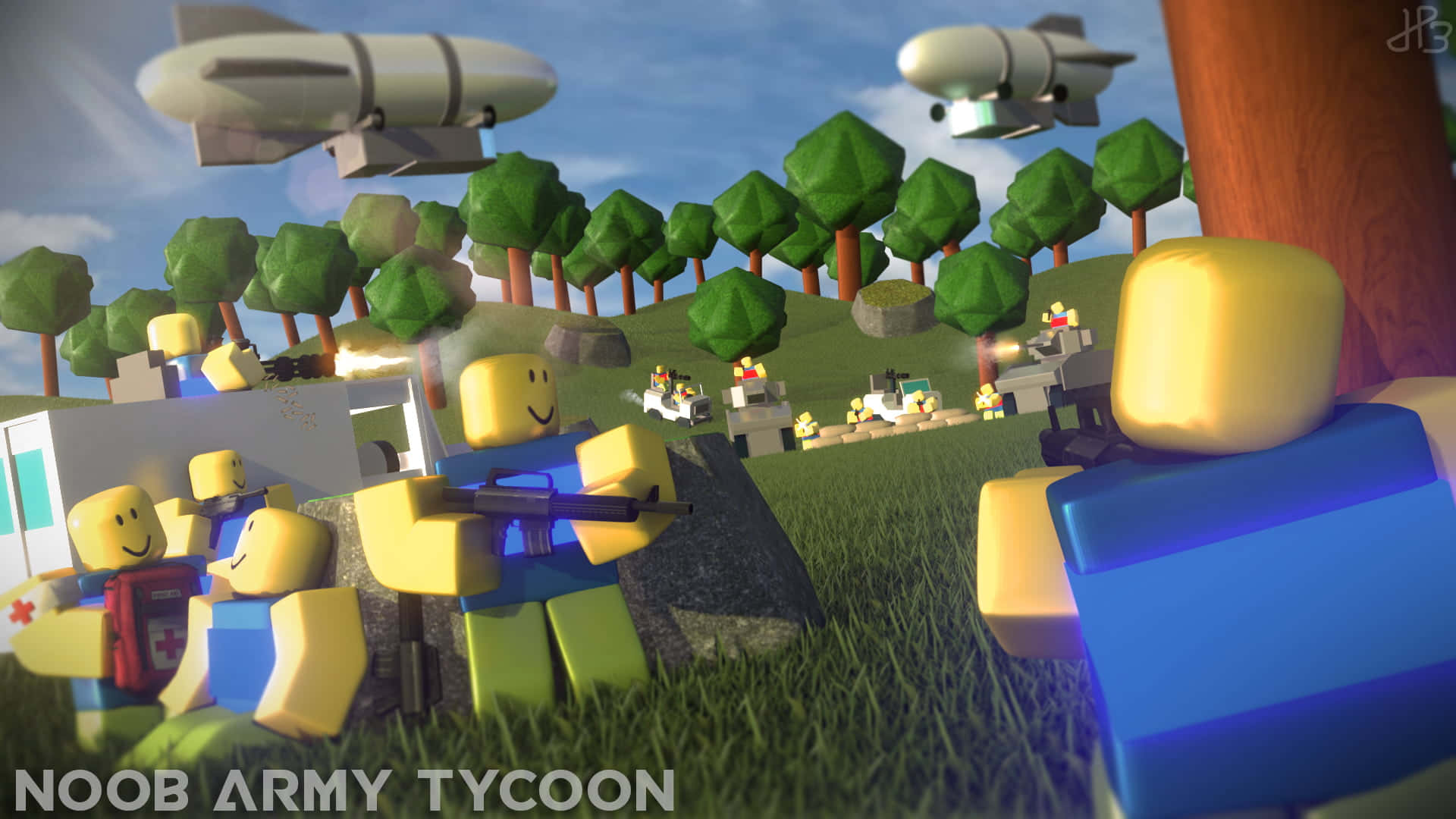 Roblox, blocky yellow figures, grassy field, Full HD Desktop Wallpaper