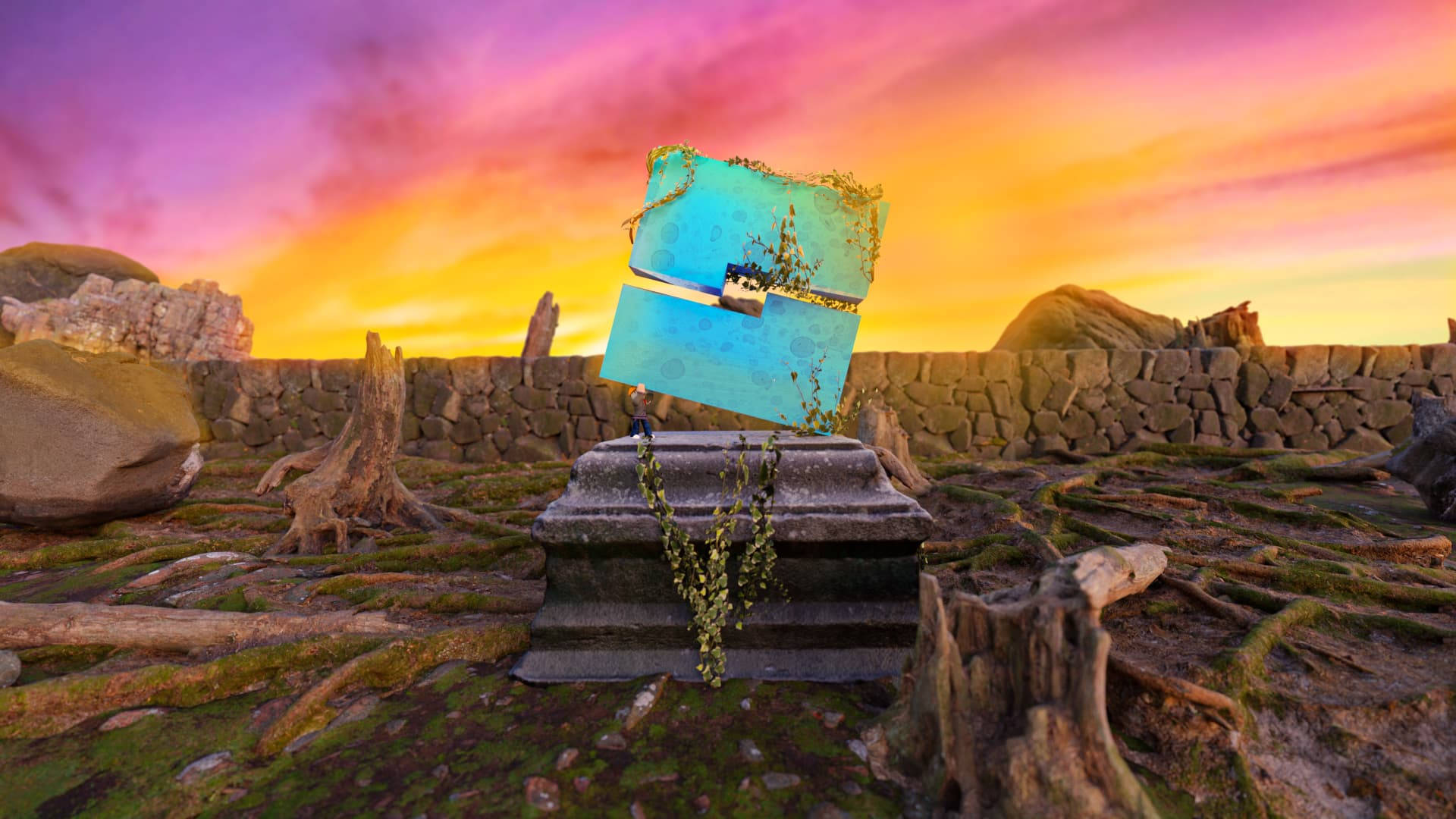 Cool Roblox, glowing blue chest, mossy stone pedestal, Full HD Desktop Wallpaper