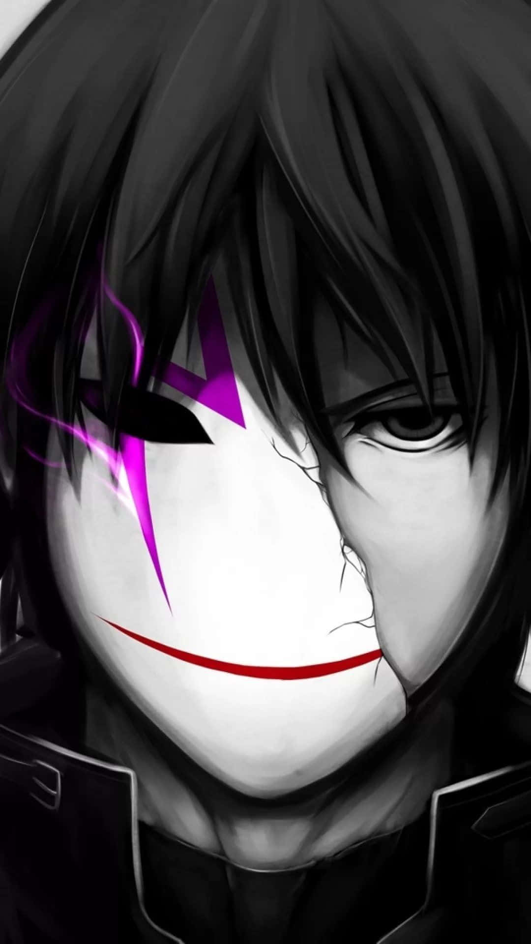 anime character, half-face painted white and purple markings, red smile, Full HD Phone Wallpaper