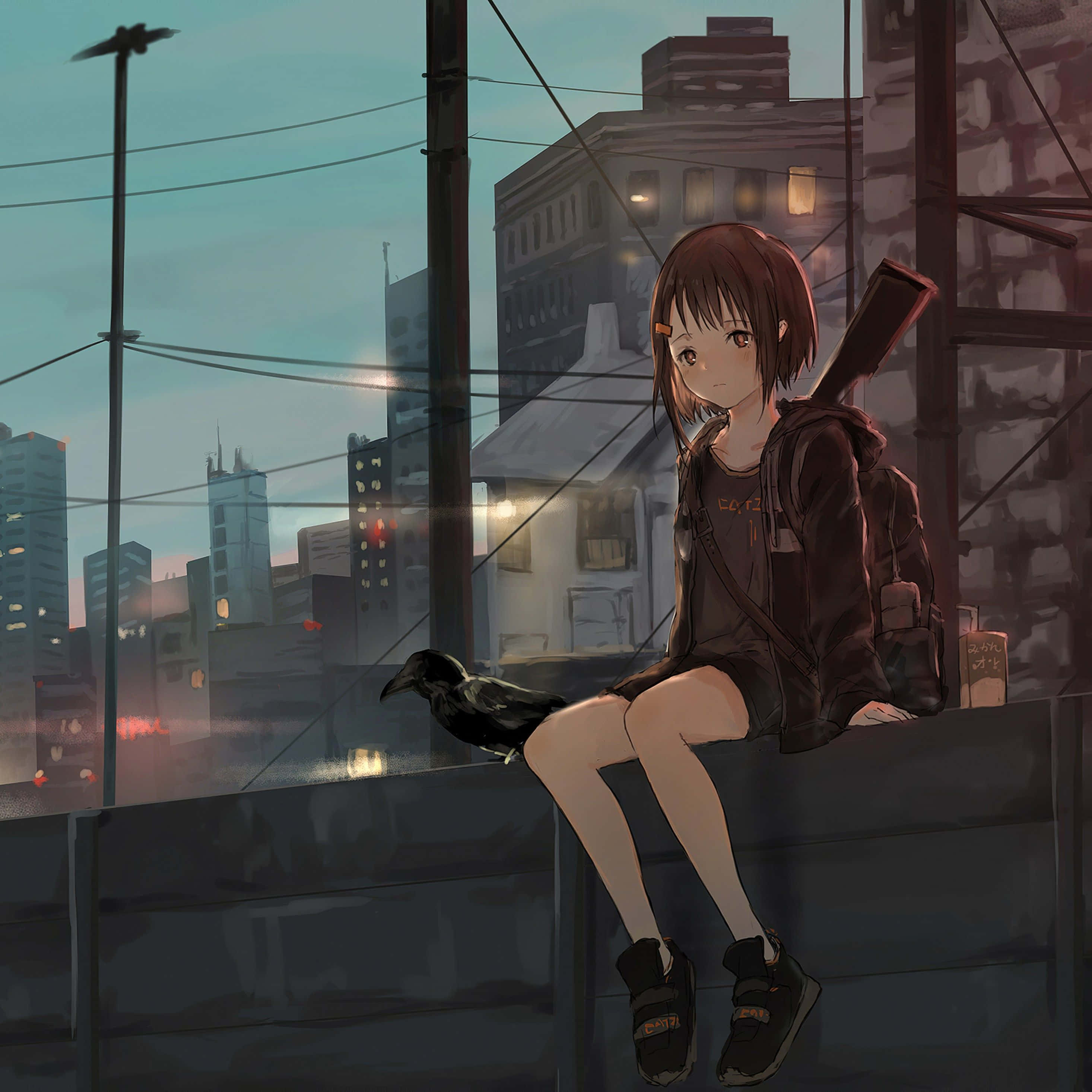 young anime girl, short brown hair, rooftop ledge, 2K Desktop Wallpaper
