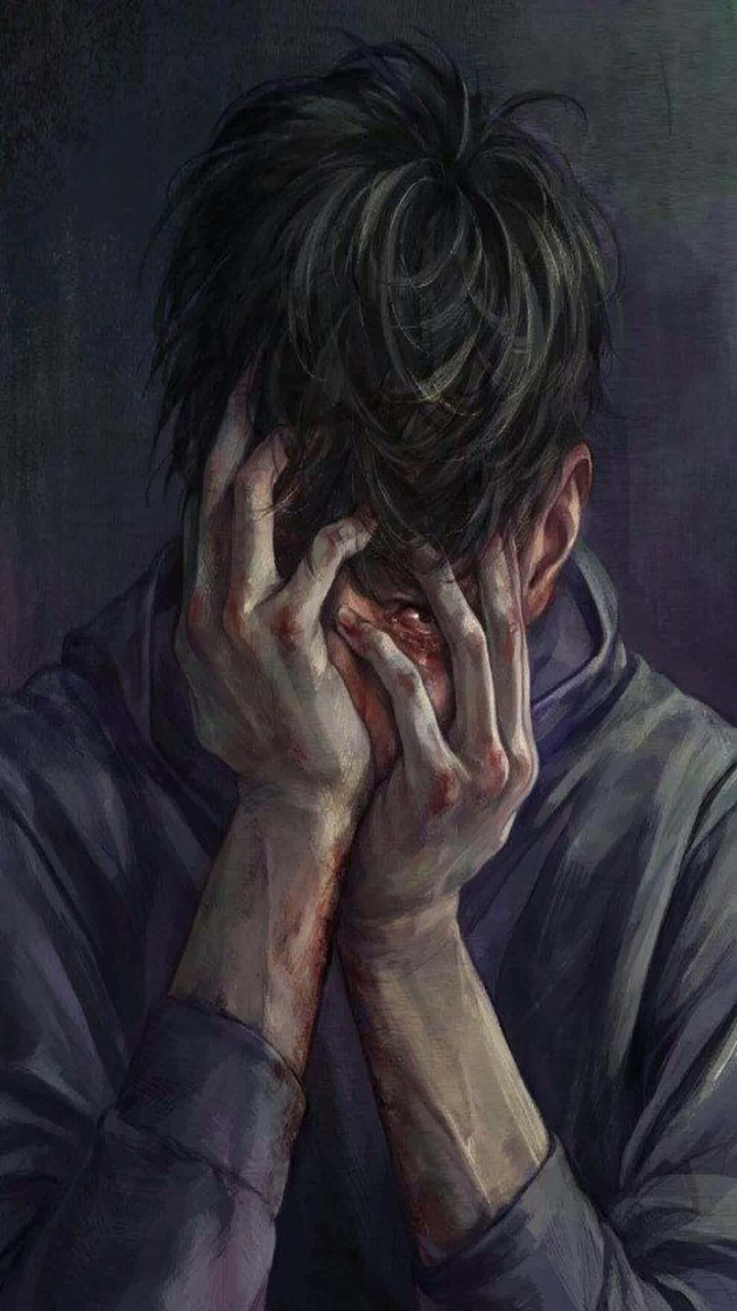 cool sad anime, distressed man, bloodied hands, 2K Phone Wallpaper