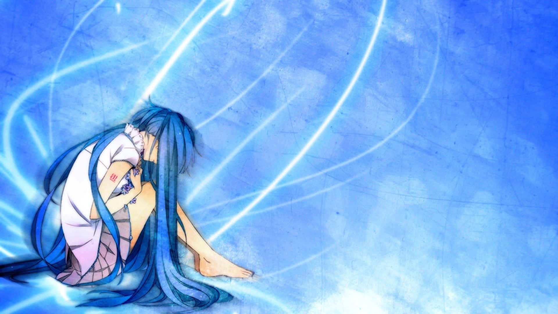 blue-haired anime girl, white outfit, glowing blue surface, Full HD Desktop Wallpaper
