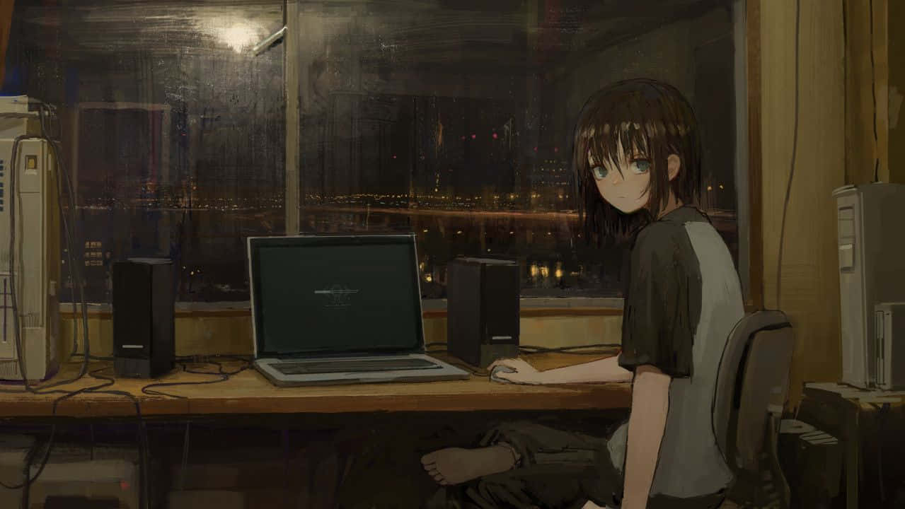 anime girl, cluttered desk, dimly lit room, SD Desktop Wallpaper