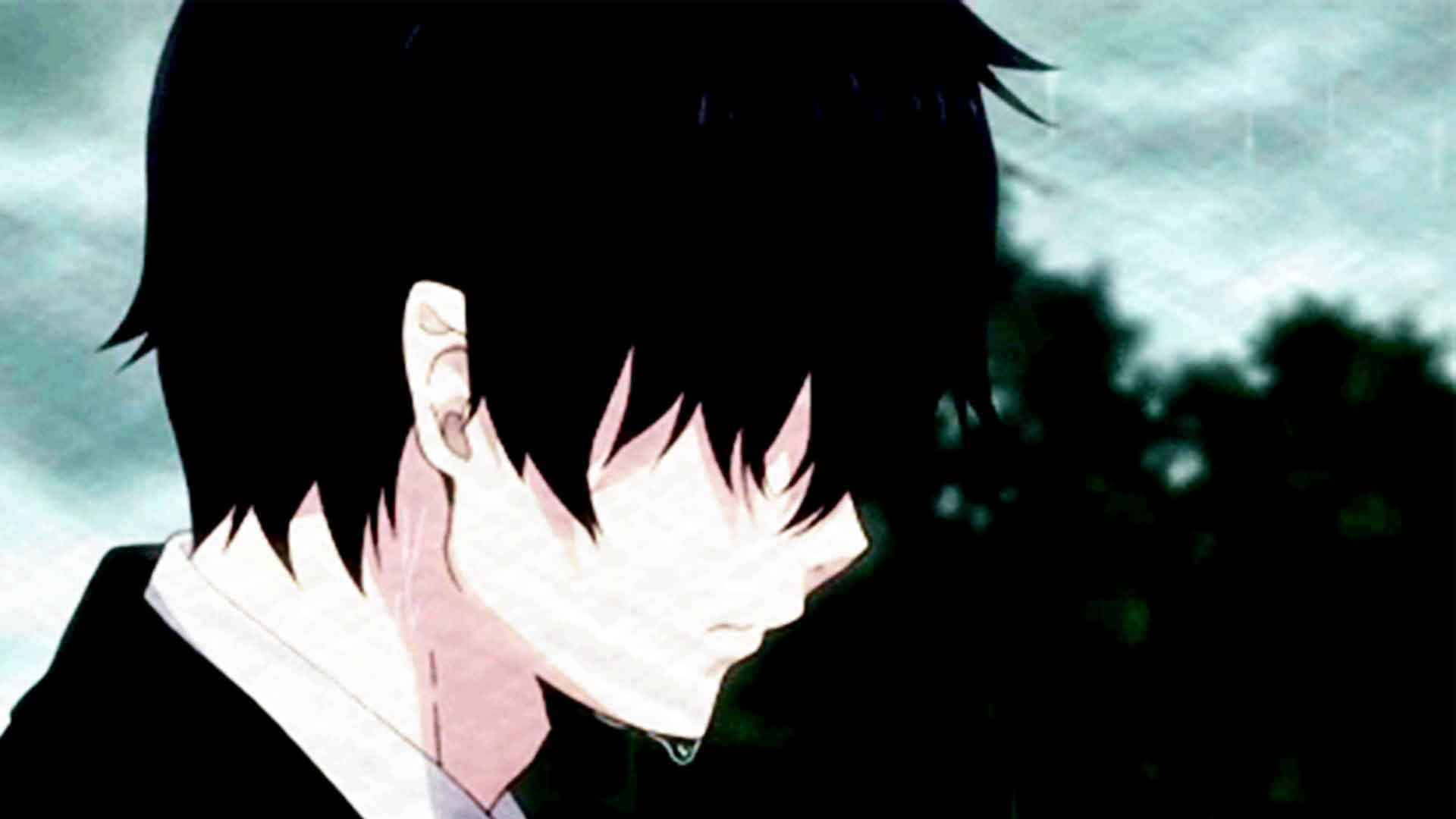 melancholic anime boy, black hair, white shirt, Full HD Desktop Wallpaper