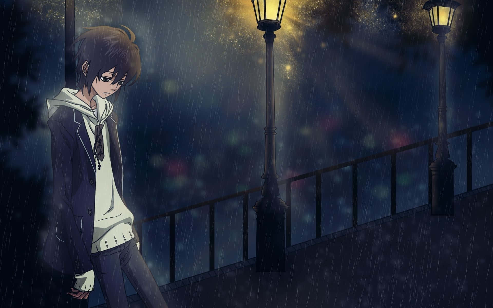 anime boy, rain-slicked streetlights, dark urban bridge, Full HD Desktop Wallpaper