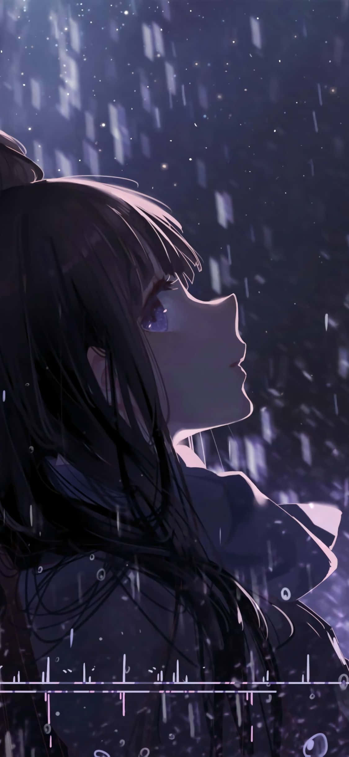 young anime girl, dark hair, rain, Full HD Phone Wallpaper