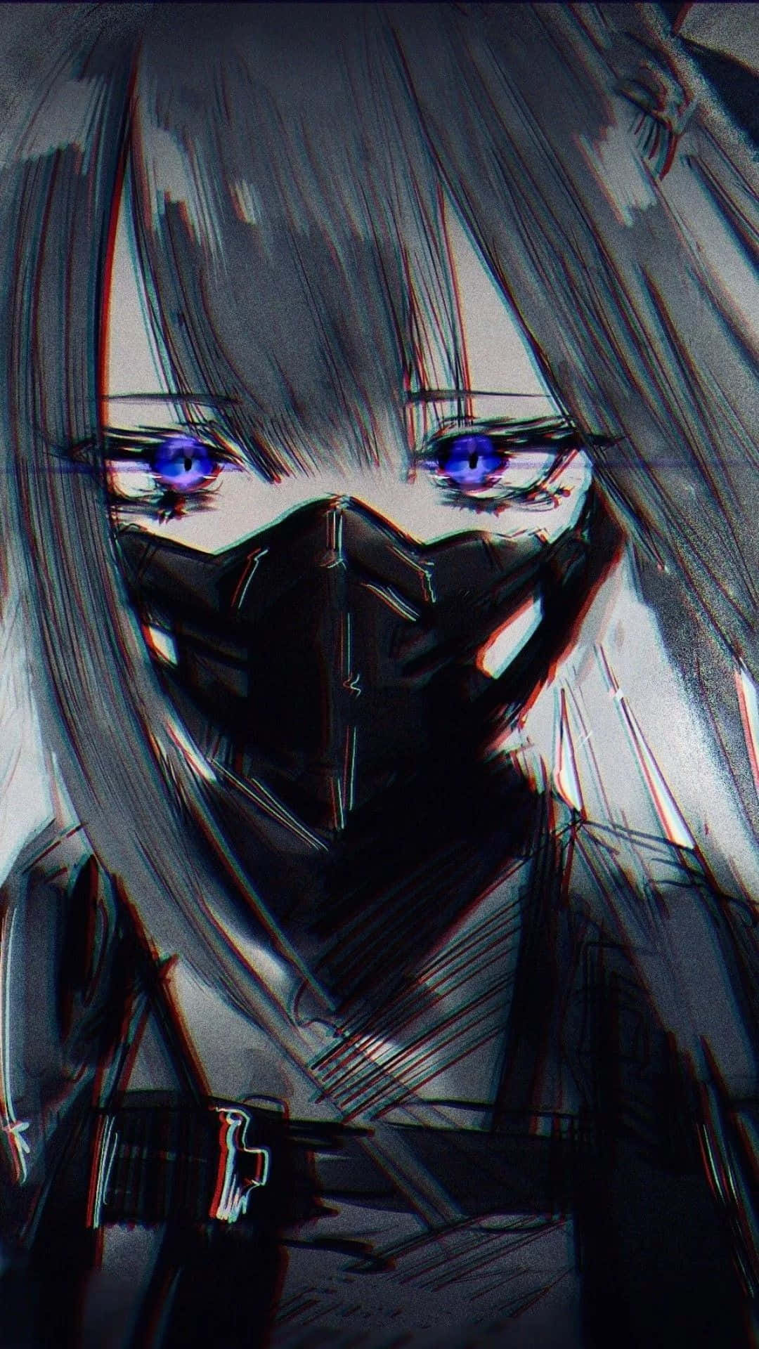 Cool Sad Anime, glowing purple eyes, black mask, Full HD Phone Wallpaper